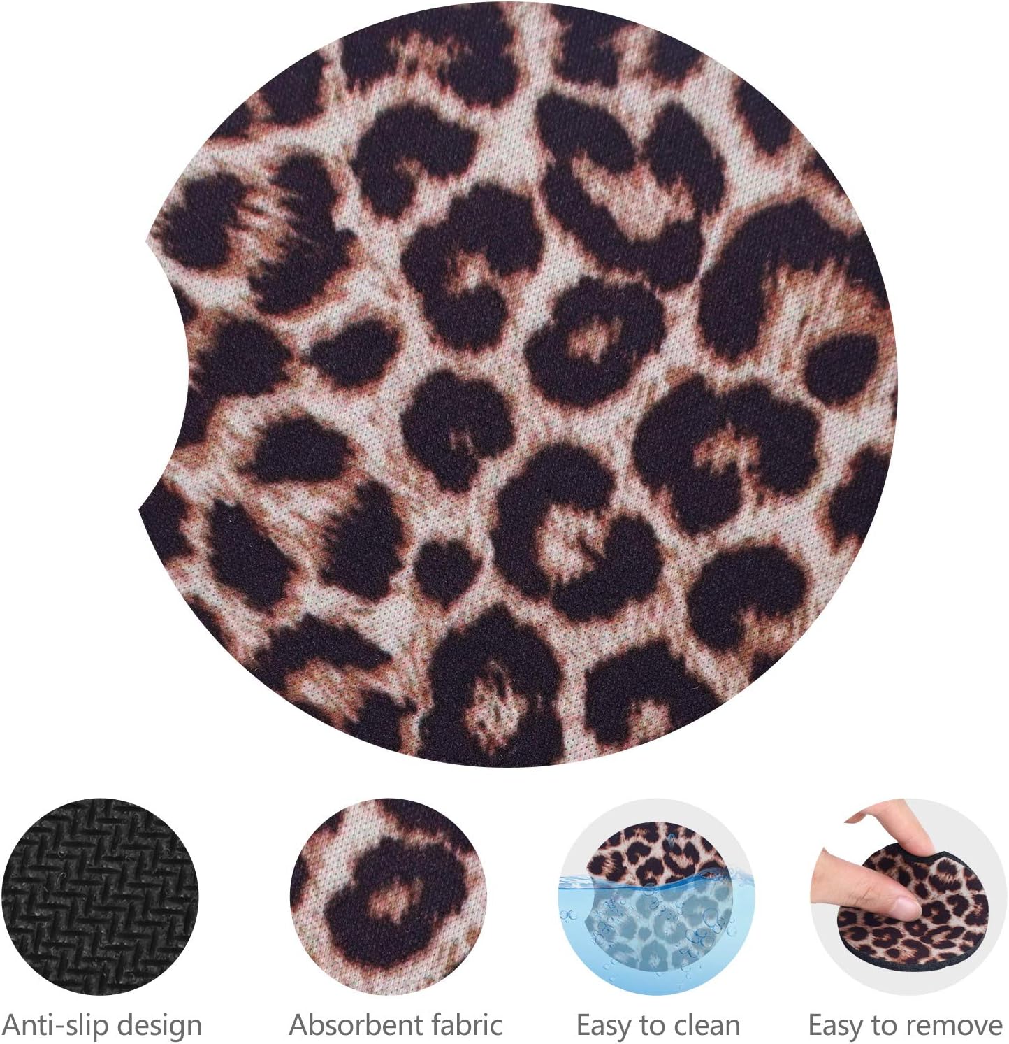 Hzran 2.75 Inches Car Coasters for Drinks Absorbent, Cute Car Coasters for Women, Removable Cup Holder Coaster for Vehicle, Fashion Auto Accessories for Women & Girls, Set of 2(Leopard)