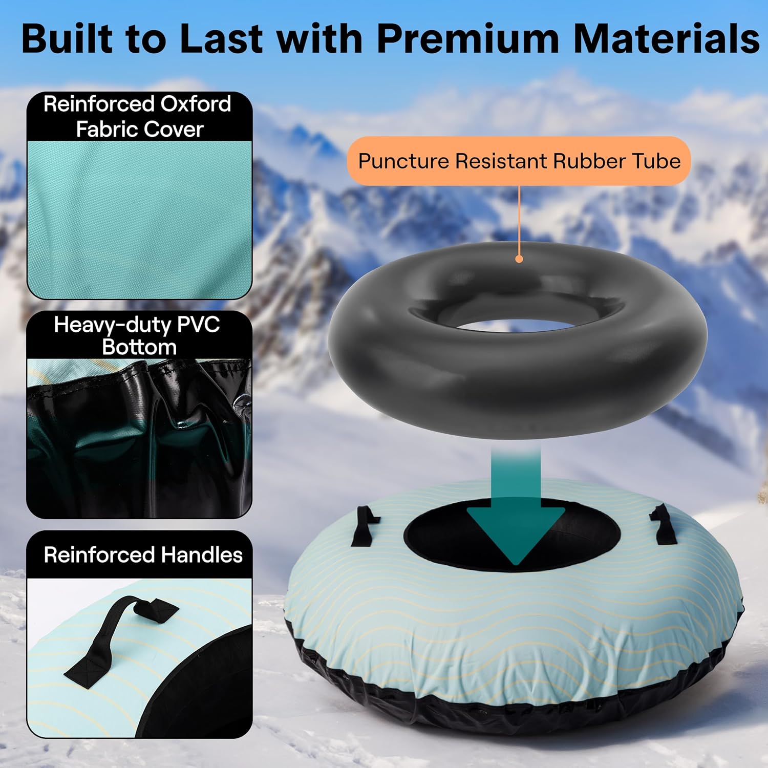 SereneLife 44"/48'' Snow Tube for Sledding - Heavy Duty Rubber Inner Tube, Oxford Cover, Thickened PVC Bottom & Tow Strap - Inflatable Snow Sled for Kids & Adults - Perfect Winter Outdoor Fun Gift