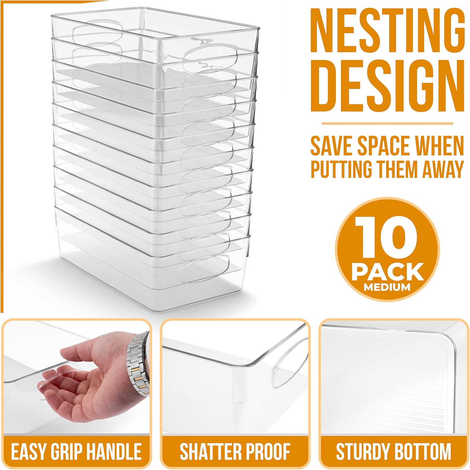 Sorbus Medium Clear Plastic Storage Bins for Organizing, 10 Pack Clear Organizer Bins with Handles Plastic Storage Bins for Closet, Pantry, Fridge, Medicine Cabinet Organizer, Shelves, Freezer, Drawer