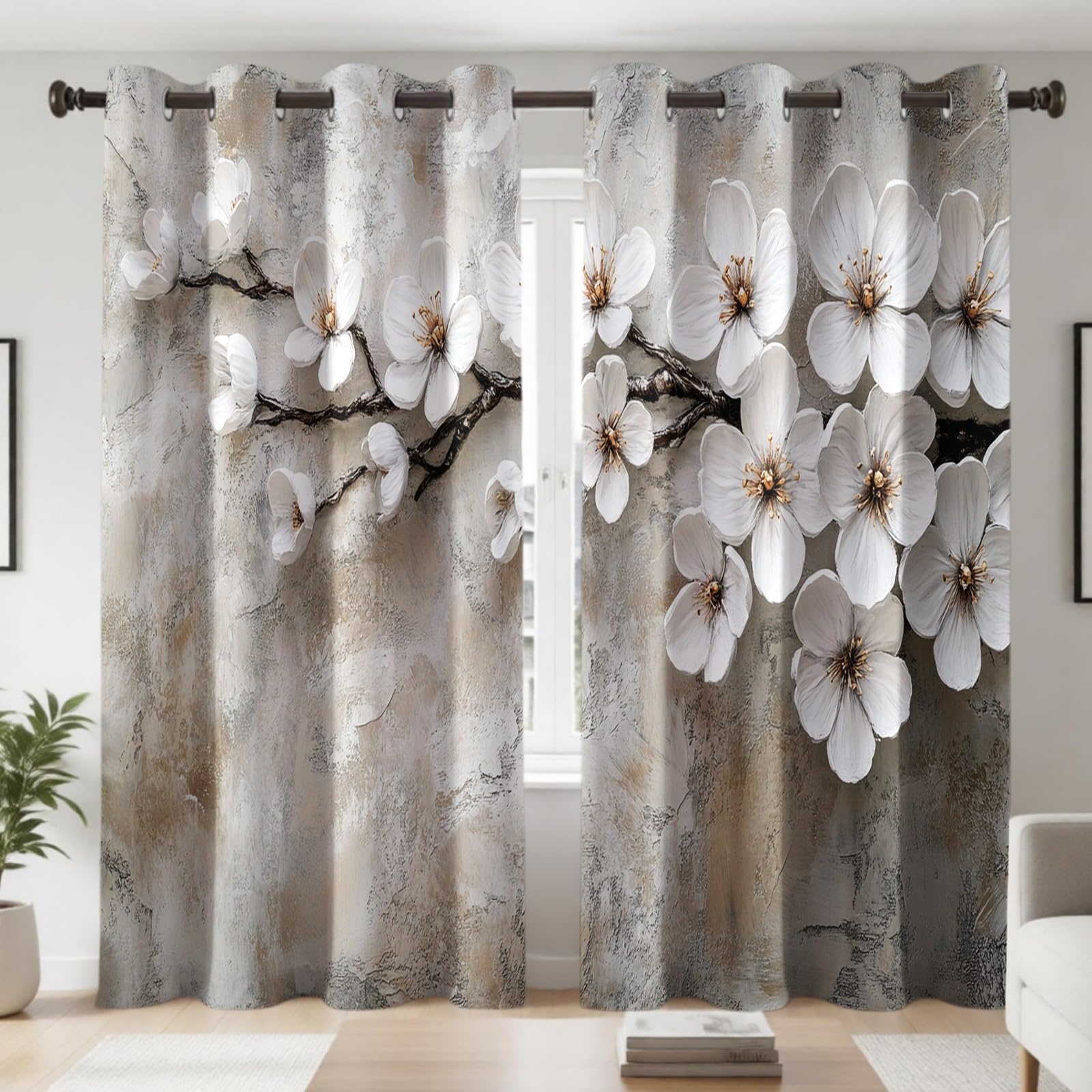 Rideaux Occultants Opaques Thermiques à Œillets Lot de 2, pétales de Fleurs de Cerisier pour Fenêtre et Porte, 132L X 210H cm