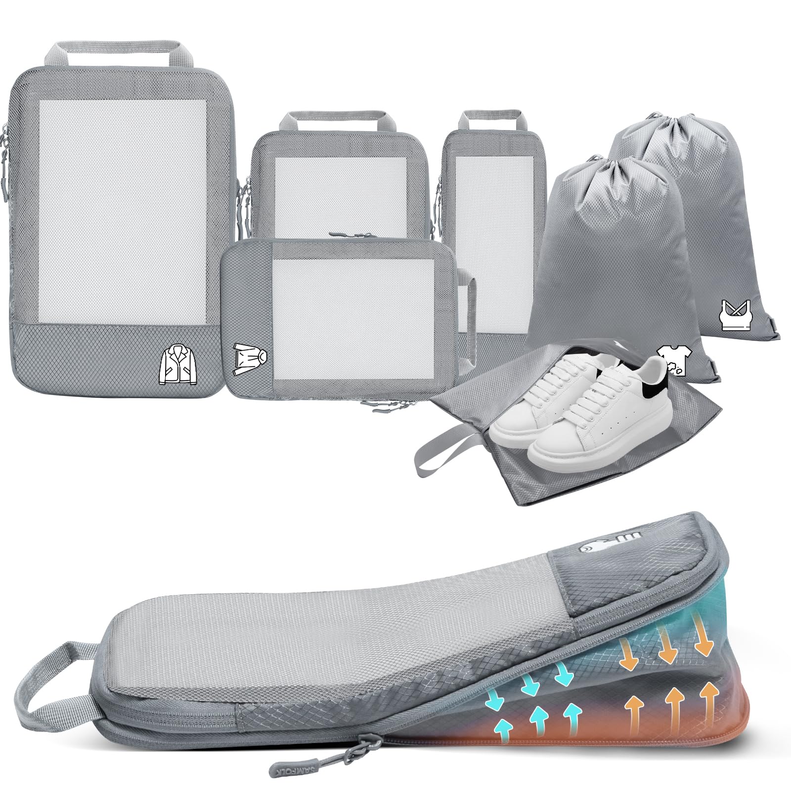 7 Teilige Compression Packing Cubes, Koffer Organizer Kompression PackwüRfel Packtaschen FüR Backpack Rucksack Reisen Organizer Grau