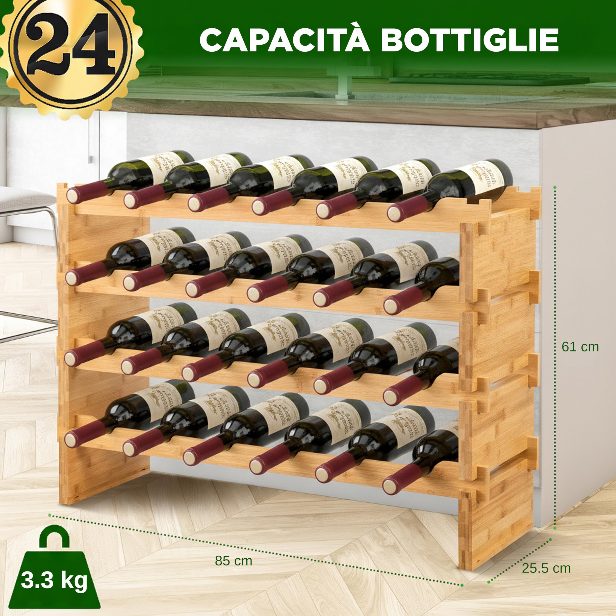 NutriChef Portabottiglie Vino Modulare in Bambù, Cantinetta Vino Legno Impilabile a 4 Ripiani per 24 Bottiglie Formato Magnum (Diametro 10 cm), Design a Croce 2x