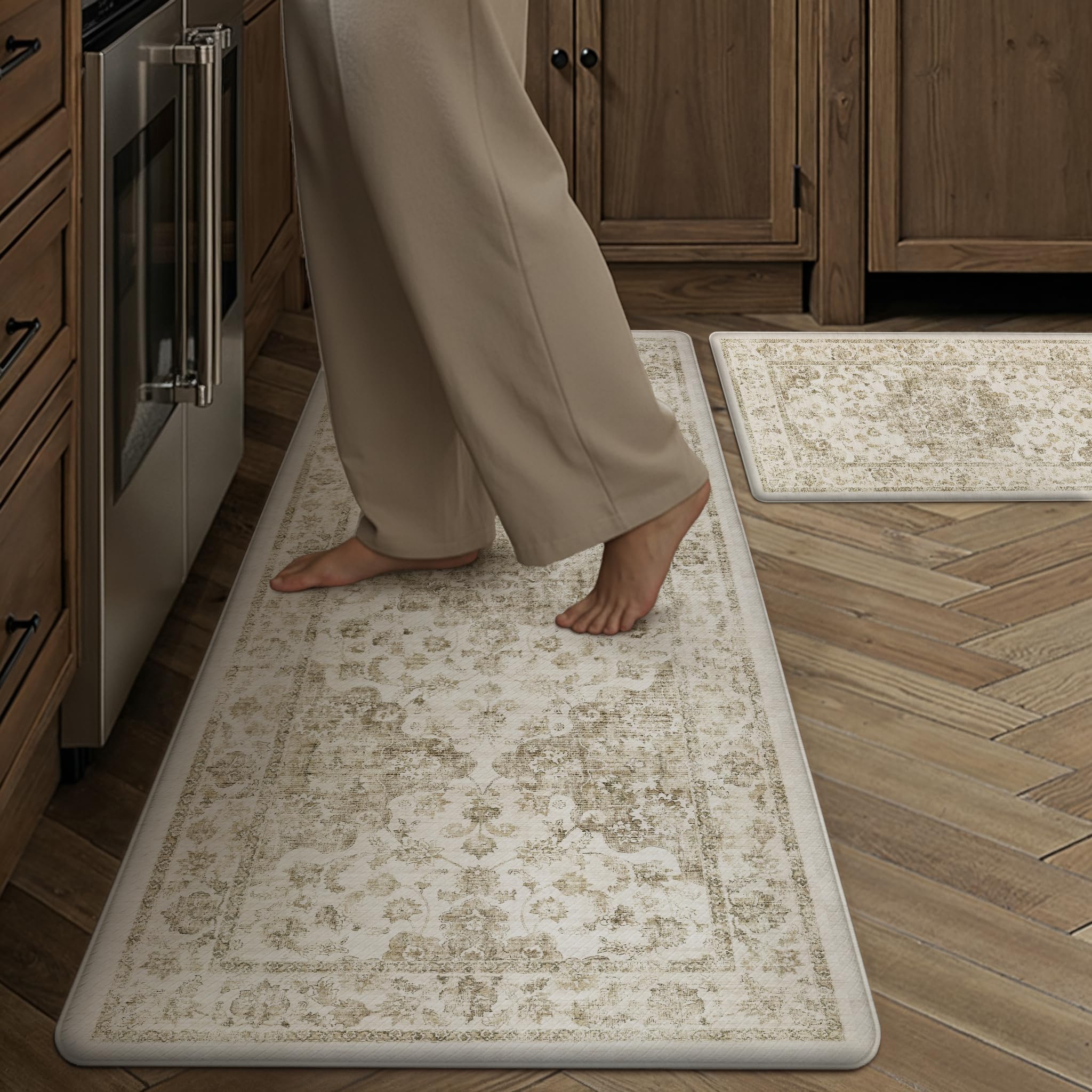 wondrg neutral kitchen mats 2pcs anti fatigue mat for cushioned brown vintage kitchen mats for floor waterproof non-slip comfort standing rug for sink laundry office 17.3"�47"+17.3"�30"