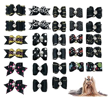 PET SHOW 10pairs Black Dog Hair Bows with Rubber Bands Puppy Hair Bows with Bling Rhinestone Bowknot Topknot Small Medium Doggies Cats Boy Girl Grooming Accessories Assorted