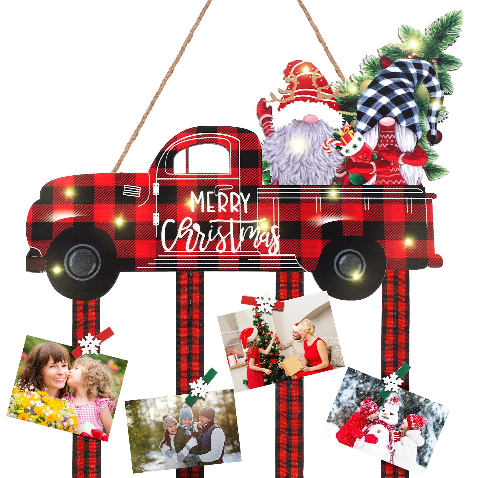 Christmas Card Holder Red Truck Wooden Wall Decor Hanging Photo Display Wall Art with Red and Black Checked Buffalo Plaid Rope for DIY Crafts Home Living Room Bedroom Office Party Wall Decor (Plain)