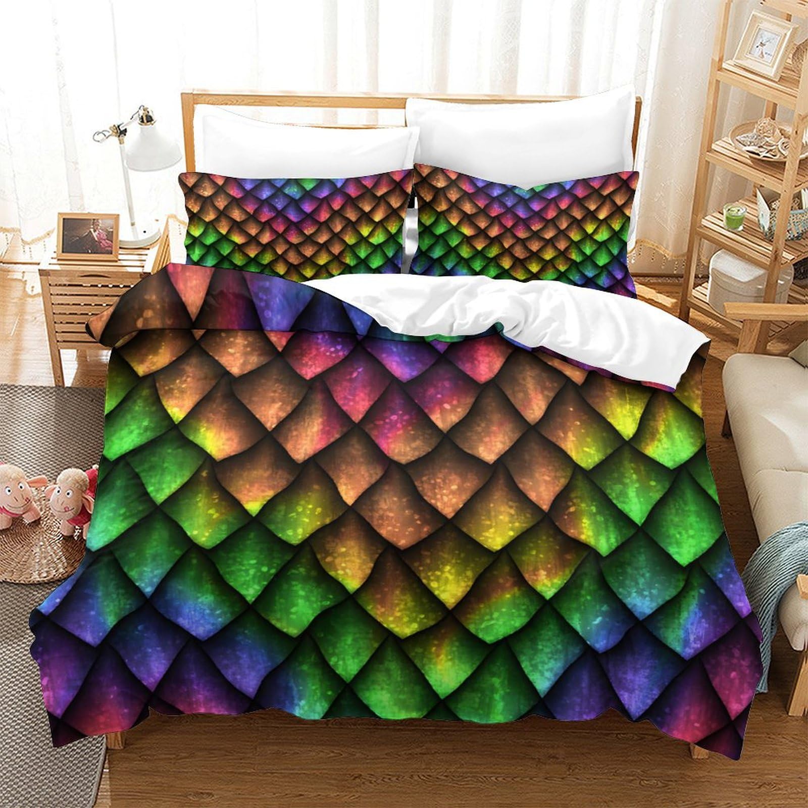 GDEKCIEAS Dragon Scales,Reptile Skin Bedding Set Kids Comforter Cover Set for Boys Girls Teens Home Decor Duvet Cover Bedspread Cover 3Pcs Single（140x200cm）