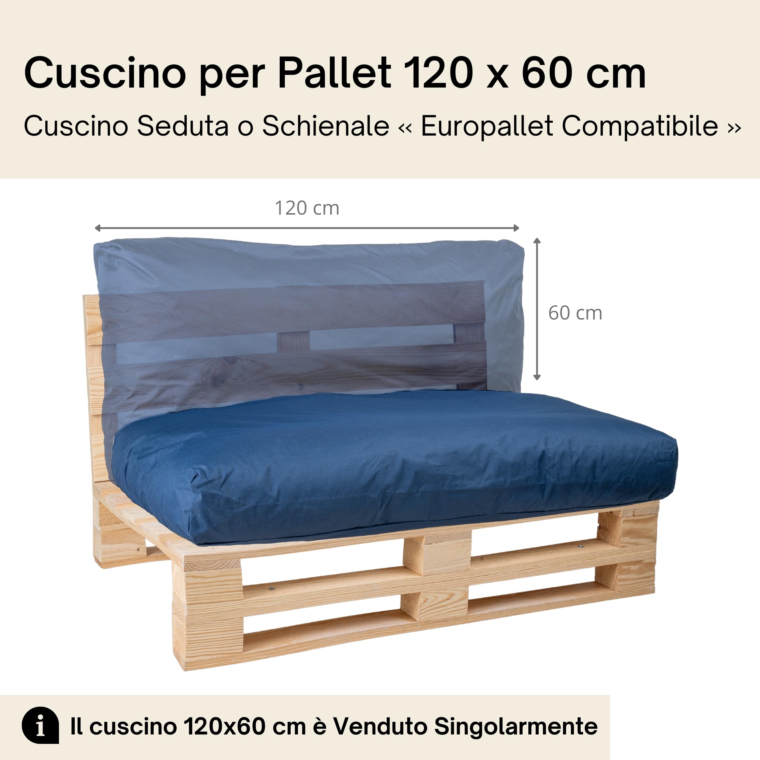 Cuscini per Pallet Fodera Impermeabile Anti UV Rimovibile Lavabile Imbottito Schiuma 120x60 cm Blu
