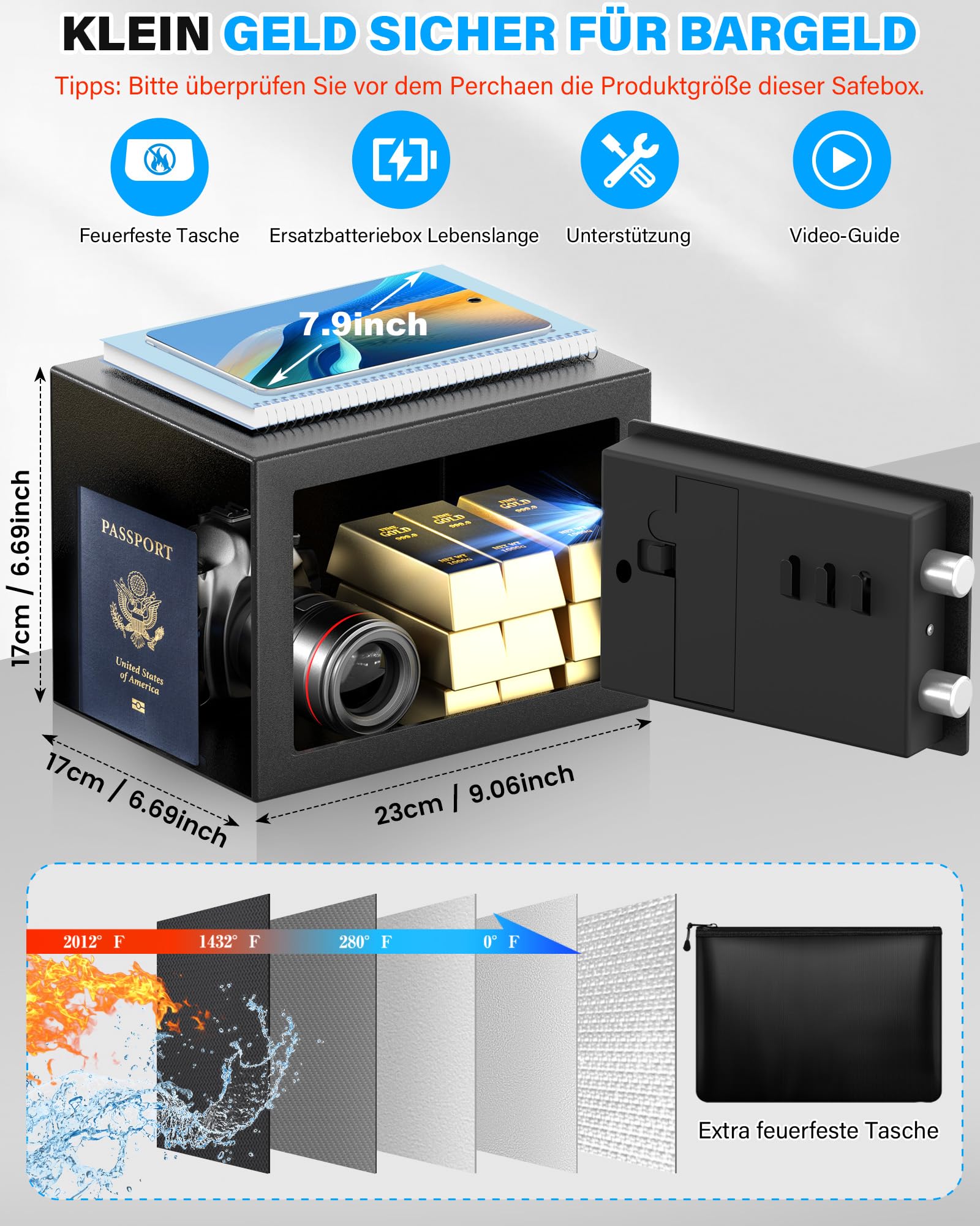 Mini cassaforte per casa, cassaforte digitale con chiave di ricambio, ripiano rimovibile e sistema di allarme, cassaforte da parete con serratura a combinazione per contanti, documenti importanti