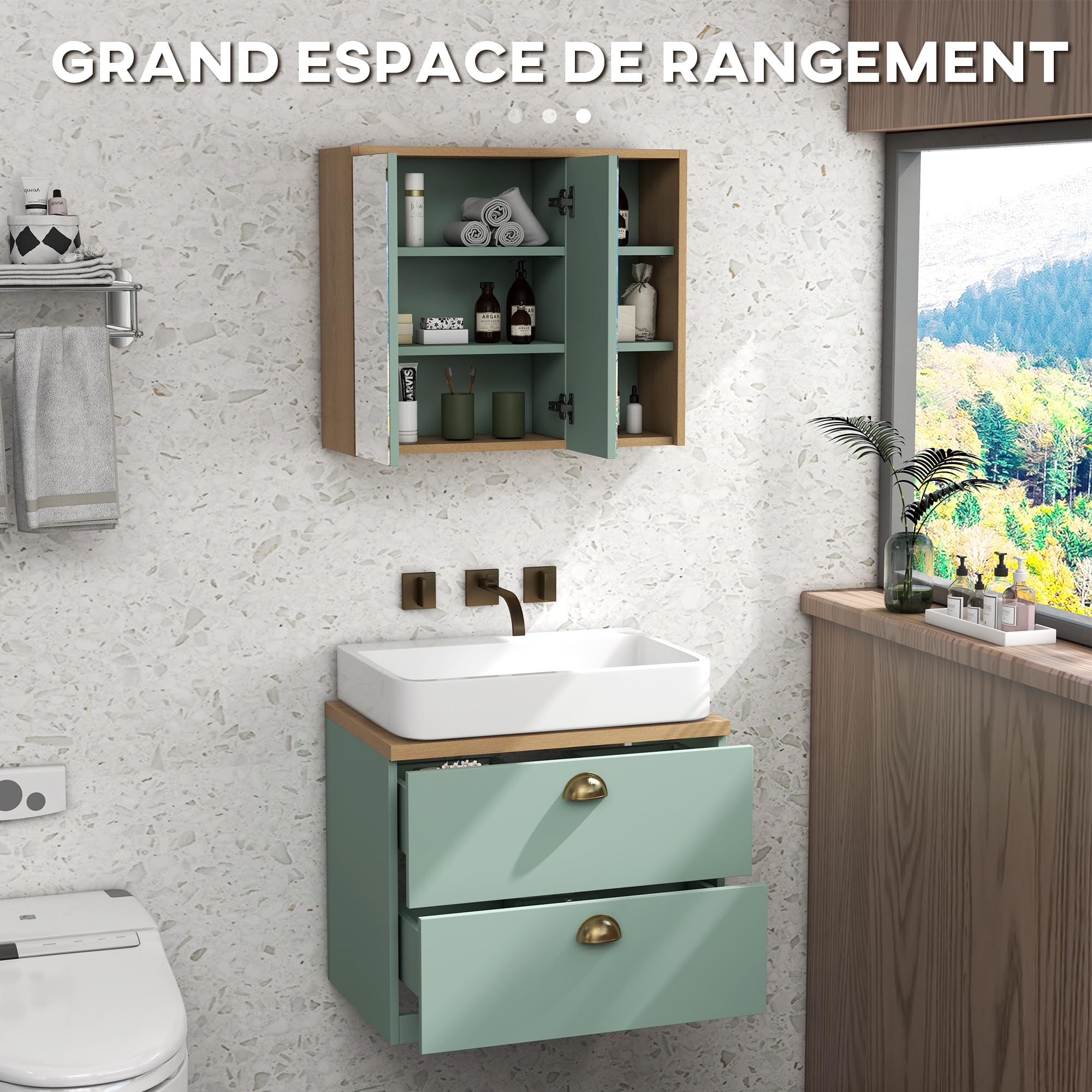 kleankin Ensemble de Meubles de Salle de Bain Armoire Miroir Salle de Bain + Meuble sous lavabo Suspendu avec étagères réglables 2 tiroirs Design scandinave Vert