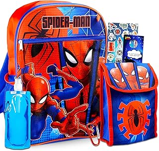 Marvel Spiderman Backpack With Lunch Box ~ 5 Pc Bundle With Spiderman School Bag, Lunch Bag, Water Bottle, Stickers And More (Spiderman School Supplies For Kids)