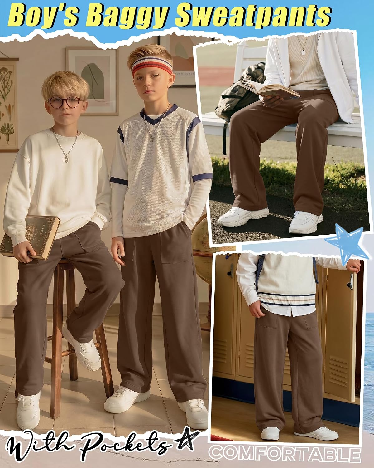 Boys Sweatpants Baggy Straight Leg Athletic Open Bottom Pants Lightweight Drawstring Kids Joggers with Pockets