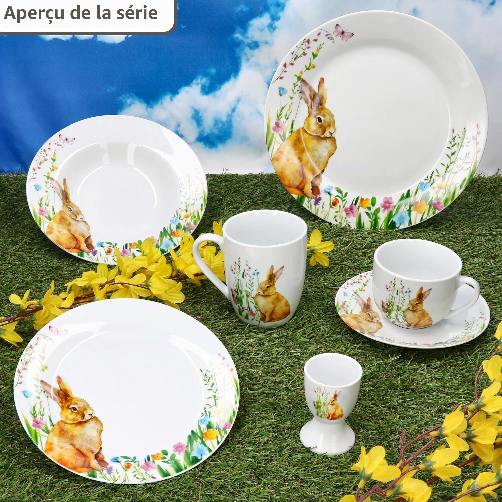 MamboCat Osterfreude Service à café 18 pièces - Vaisselle en porcelaine printanière avec décor lapin de Pâques pour 6 personnes - 6 tasses de 200 ml chacune, 6 soucoupes et 6 assiettes pour
