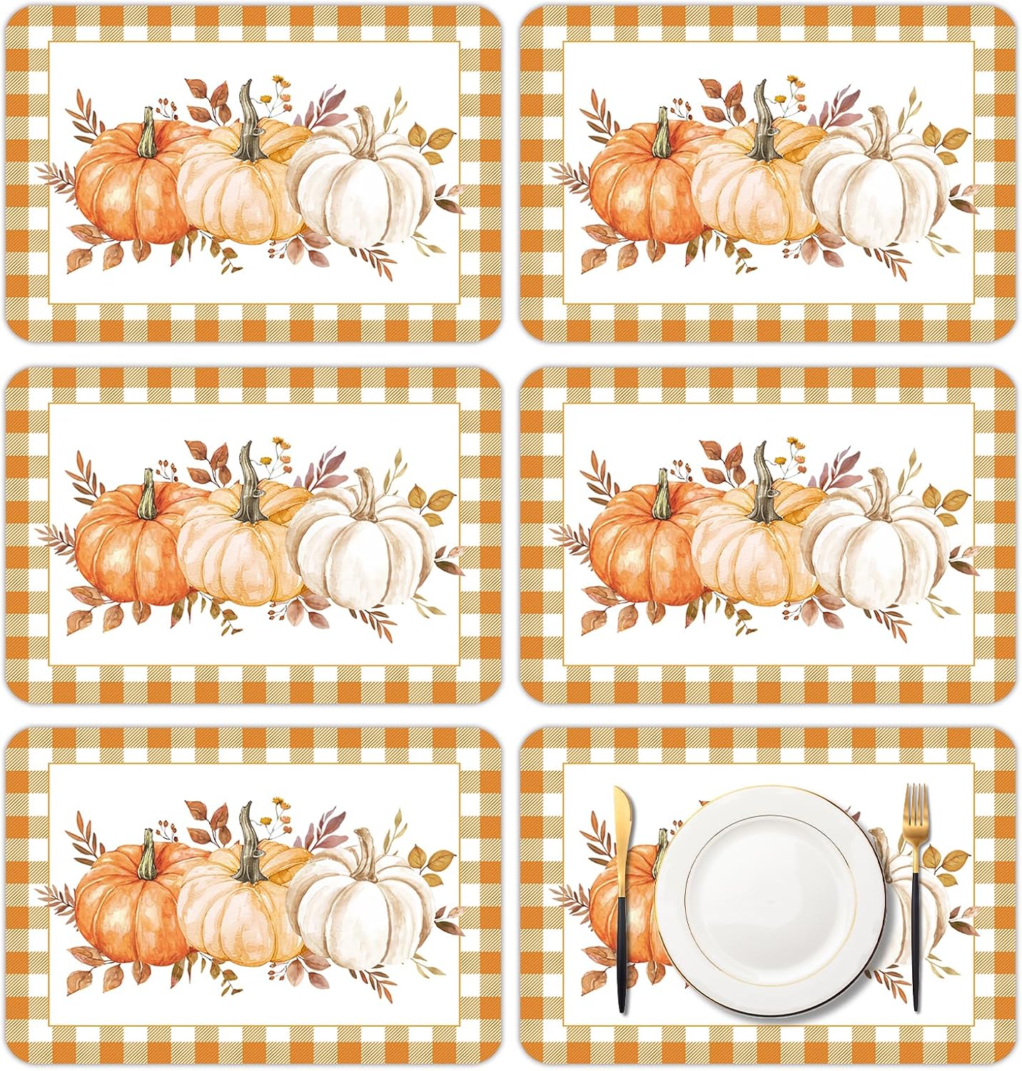 Fall Pumpkin Placemats Set of 6, 11x16 Inch Buffalo Plaid Plastic Place Mats Stain Resistant Table Mats for Autumn Harvest Thanksgiving Party Kitchen Dining Decor- Orange White Checkered