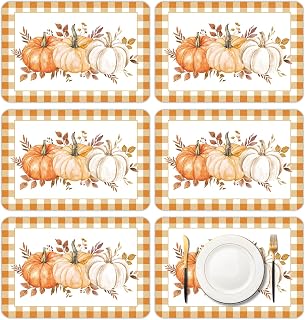Fall Pumpkin Placemats Set of 6, 11x16 Inch Buffalo Plaid Plastic Place Mats Stain Resistant Table Mats for Autumn Harvest Thanksgiving Party Kitchen Dining Decor- Orange White Checkered