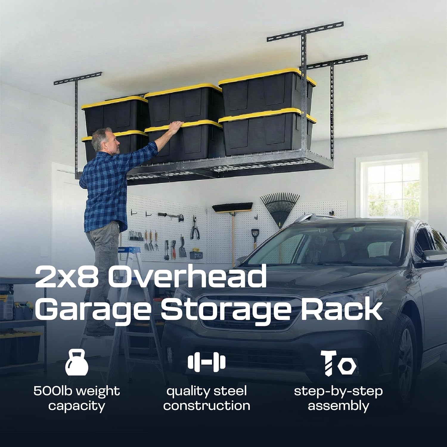 MonsterRax Overhead Garage Storage Rack 2x8, Ceiling Mounted Shelving, Adjustable Hanging Organizer, Heavy Duty Steel, 350 Pound Capacity, Color: Hammertone, Adjusts 24-45" from Ceiling