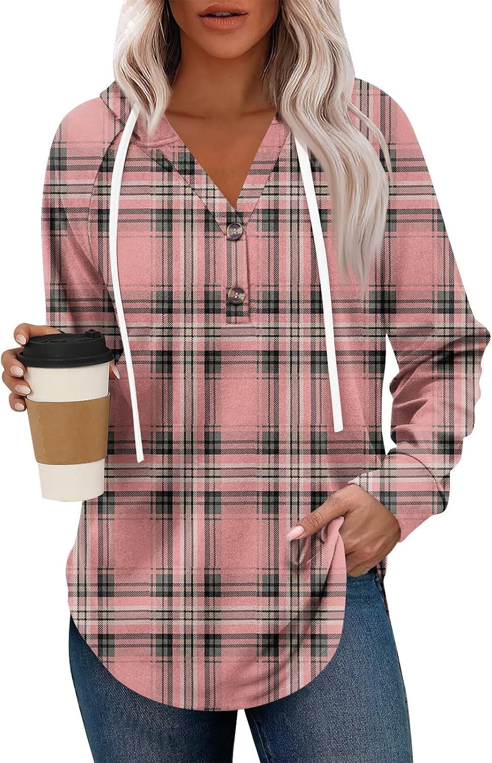 Women's Hoodies, Casual Loose Drawstring Pullover Fall Plaid Sweatshirts Spring Clothes for Women