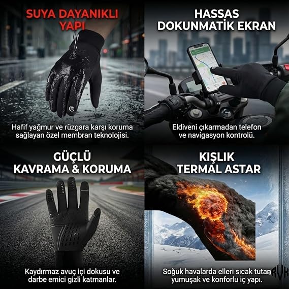 RVK Mevsimlik Motosiklet Eldiveni Şehir İçi Kurye ve Günlük Sürüş İçin İdeal, Rüzgar Korumalı Dokunmatik Ekran Uyumlu, L Beden
