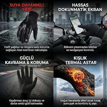 RVK Mevsimlik Motosiklet Eldiveni Şehir İçi Kurye ve Günlük Sürüş İçin İdeal, Rüzgar Korumalı Dokunmatik Ekran Uyumlu, L Beden