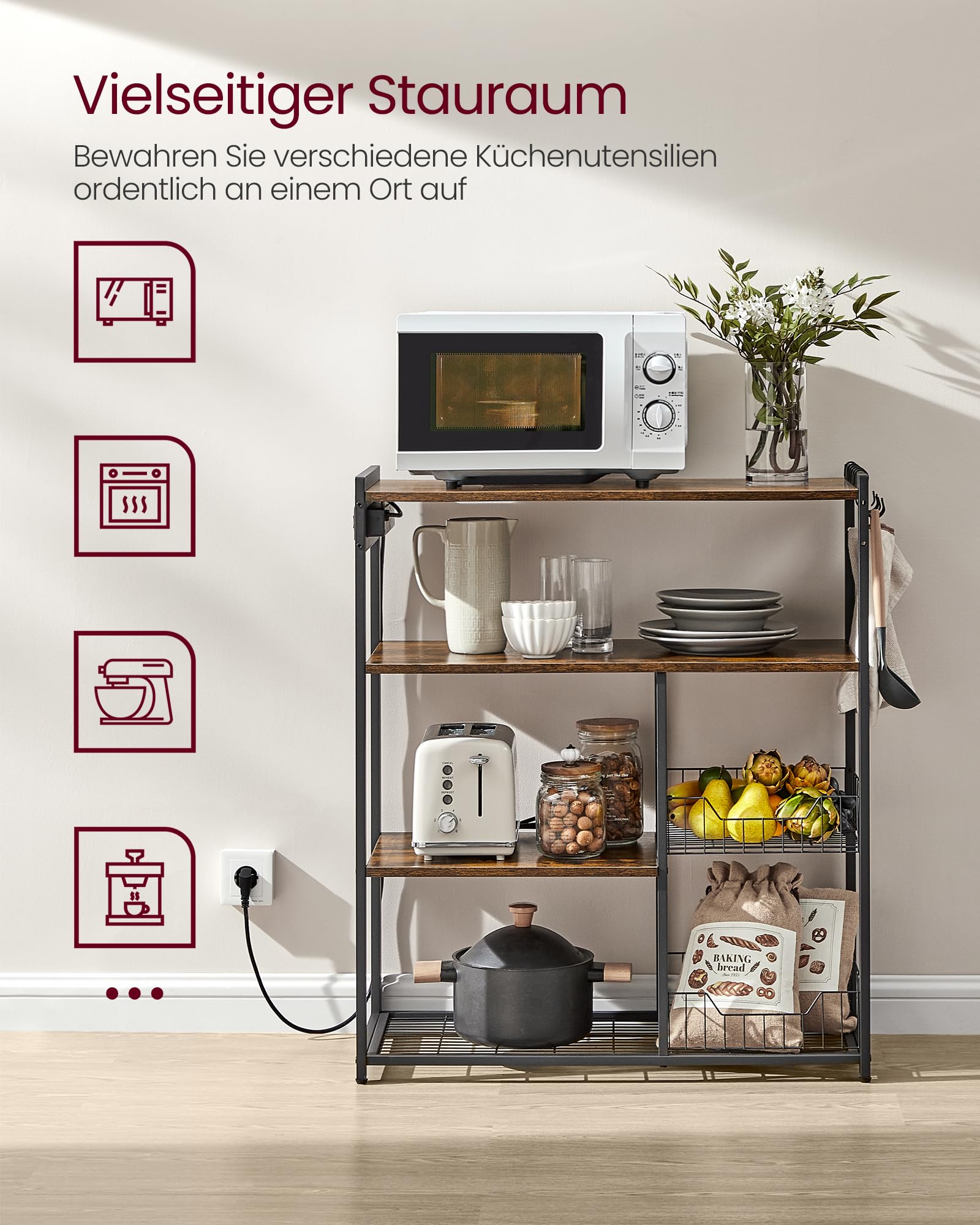 VASAGLE Küchenregal mit Steckdosen, Standregal mit 2 Metallkörben, Bäckerregal mit Haken, Regalablagen, 35 x 80 x 93,5 cm, Industrie-Design, vintagebraun-tintenschwarz KKS196K01