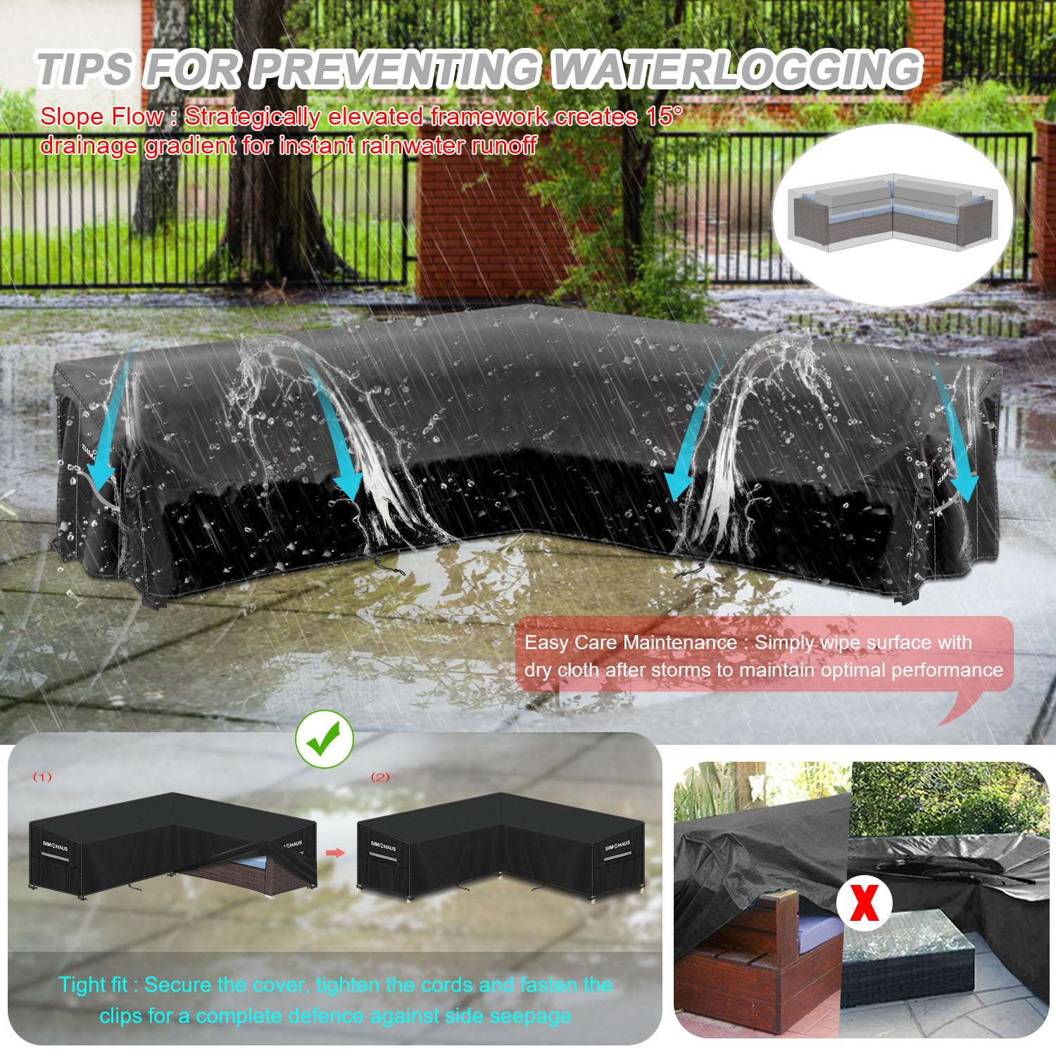 Fundas para Sofás Esquinero Jardin Funda Sofa Jardin Exterior Impermeable Cubiertas para Sofás de Jardín en Forma de V Resistente al Viento Anti UV 420D Tela Oxford 255x255x90x80/60cm