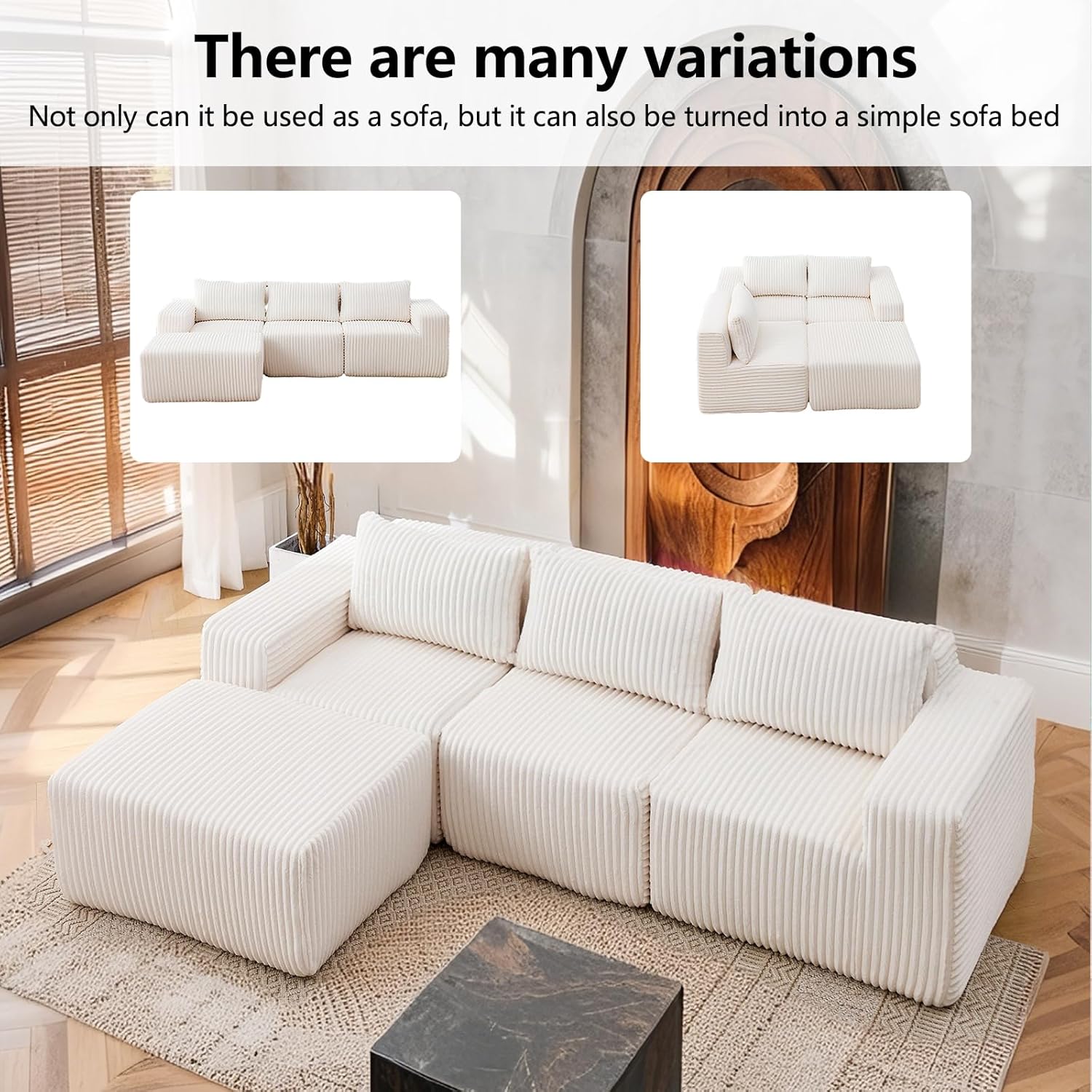 Fefances 101 L-Shaped Modular Sectional Sofa - Boneless Cloud Couch with Corduroy Fabric, Memory Foam Support & No-Assembly Design – Perfect Fluffy Sofa Couch for Living Room（White）