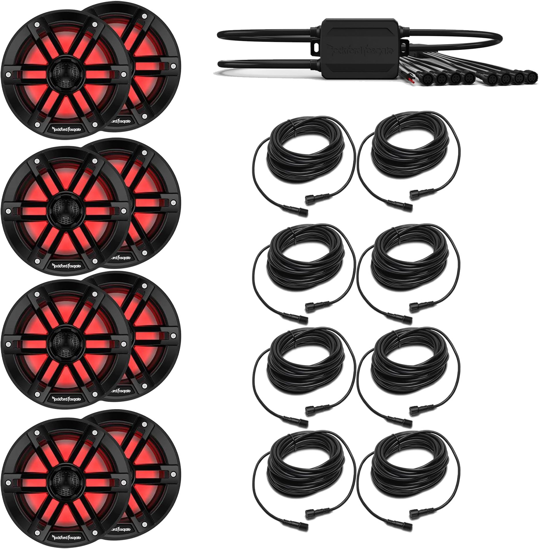 Rockford Fosgate 4 Pairs M1-65B M1 Series 6.5" Marine Black + (1) PMX-RGB Optix Light Controller + (8) RGB-25 25' Extension Cable