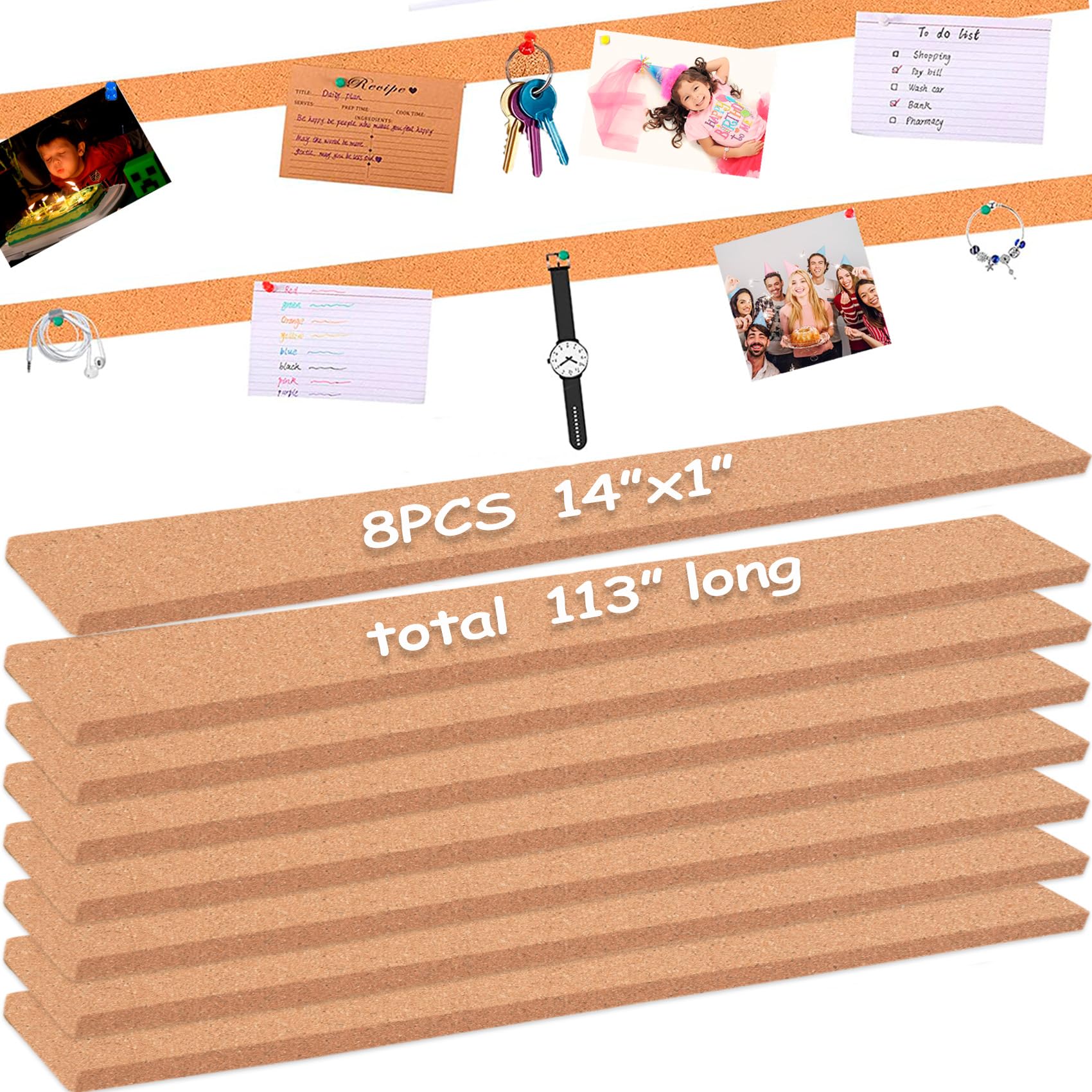 8 Pack Small Bulletin Strip Cork Strip Cork Board Tiles Bulletin Bar Strips for Walls, Adhesive Pin Board for Classroom Memo Office Home Kitchen
