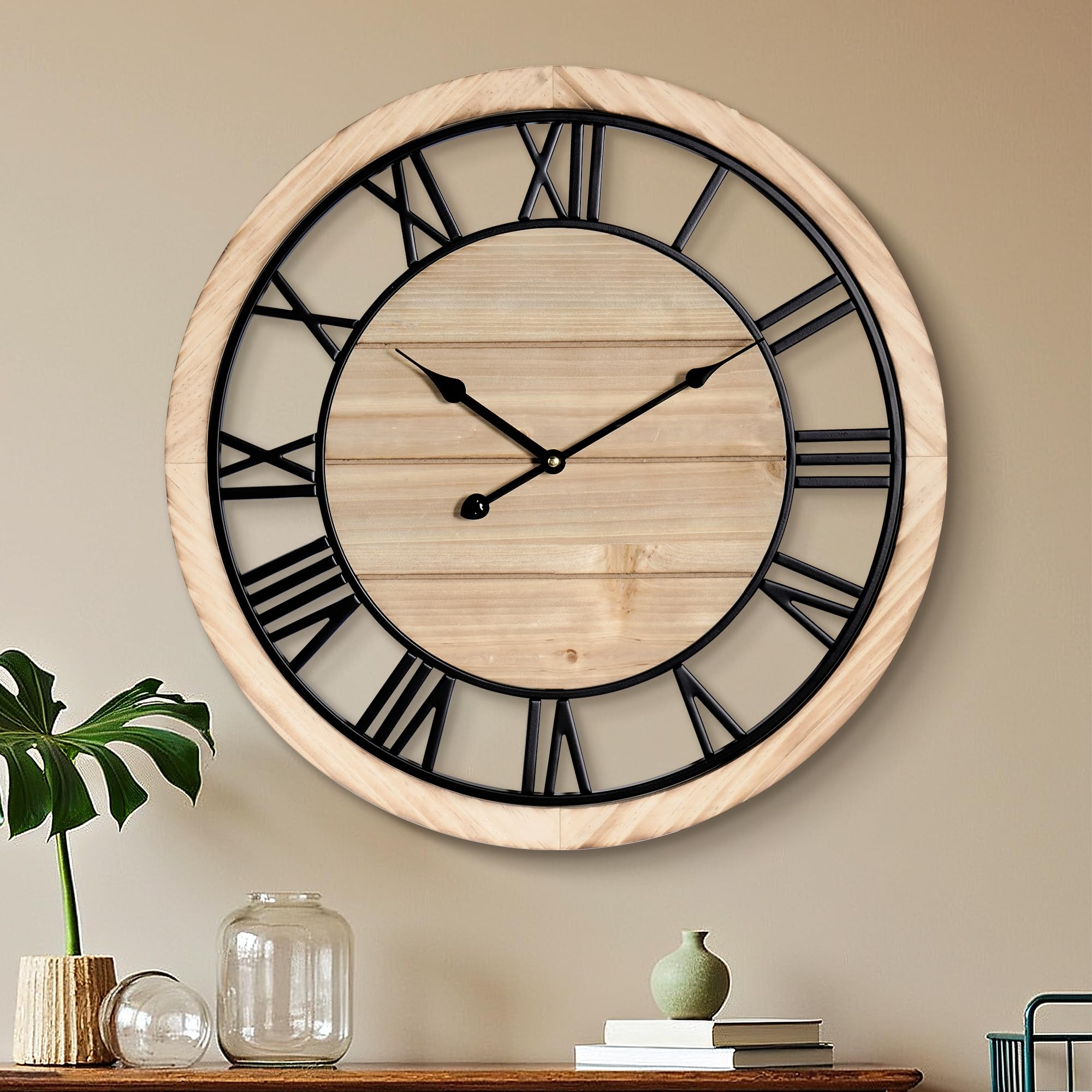 Maxstar 76cm Wall Clock For Living Room Decor, Silent Rustic Wooden Farmhouse Wall Clock with Metal & Real Wood Frame, Battery Operated, For Kitchen Bedroom Office, Roman Numerals