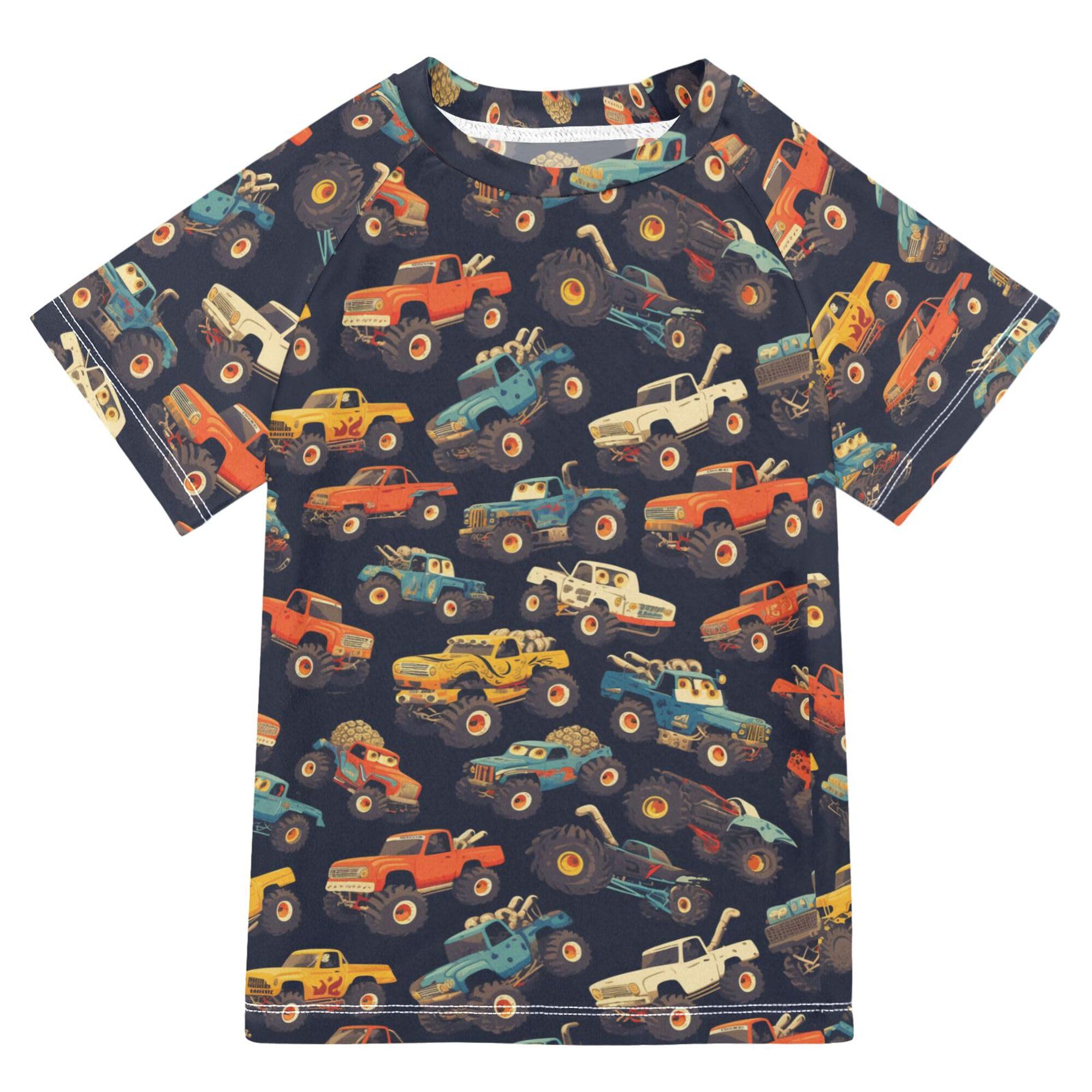 Monster Colorful Trucks Black Girls Bathing Suit Sun Protection Teen Rash Guard Swimsuit Swimwears Summer Clothes for Youth Boys 9-10Y