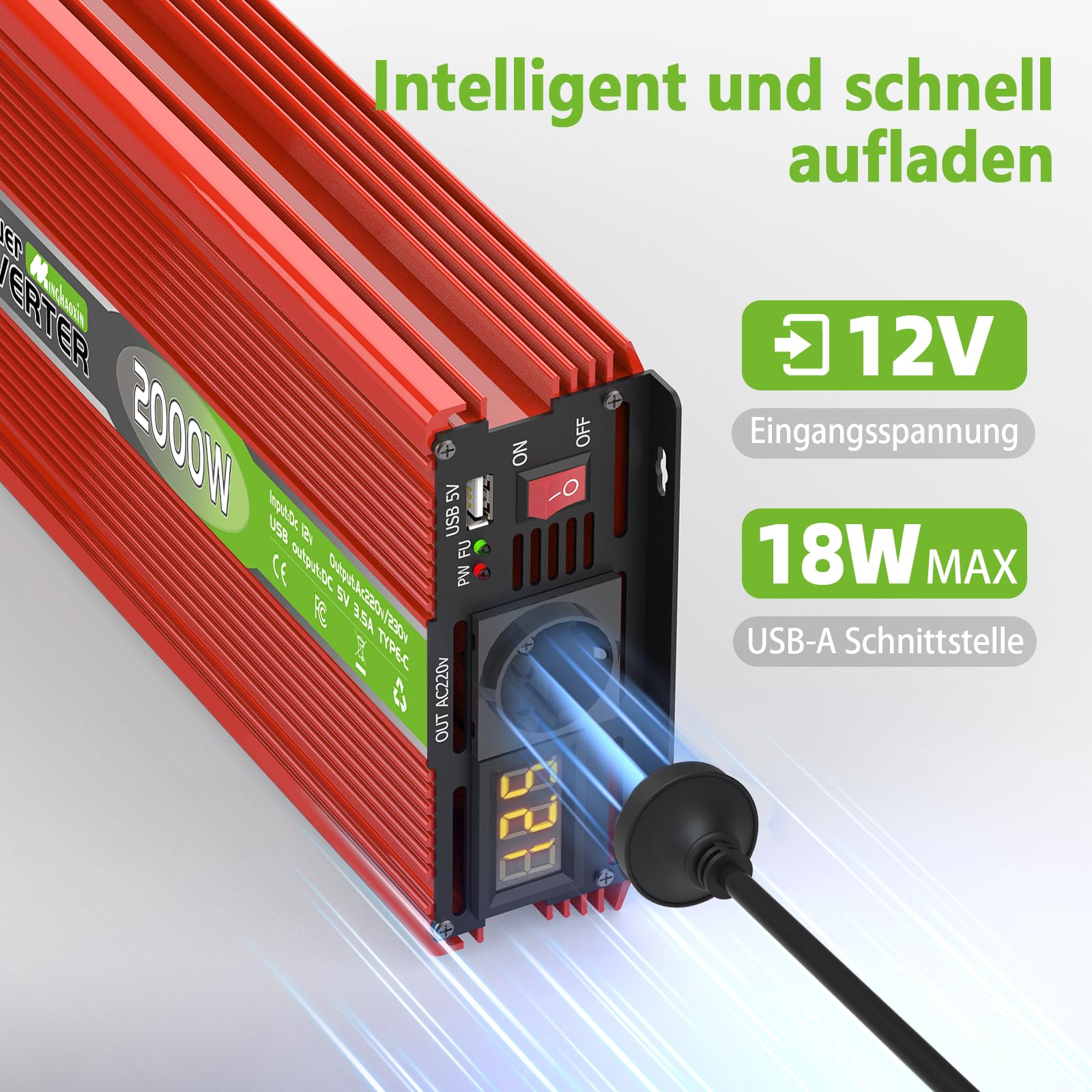 2000W Wechselrichter 12V auf 230V Spannungswandler Konverter Power Inverter Spitzenleistung 4000W mit EU Steckdosen, USB/Type-C und LED Anzeige, Umwandler für LKW Camping Haushaltsgeräten
