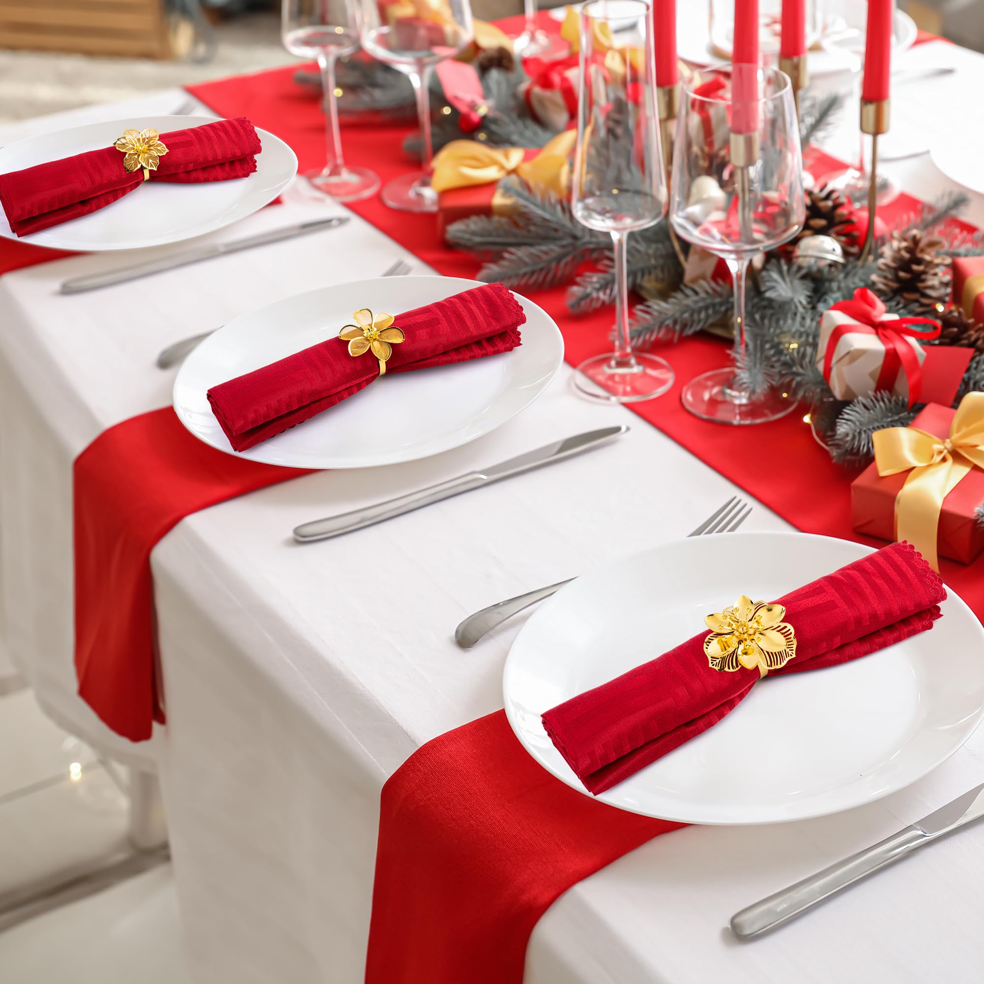 Homotte Gold Flower Napkin Rings Set of 6, Christmas Napkin Rings for Thanksgiving Table Decorations Christmas Banquet - Image 4