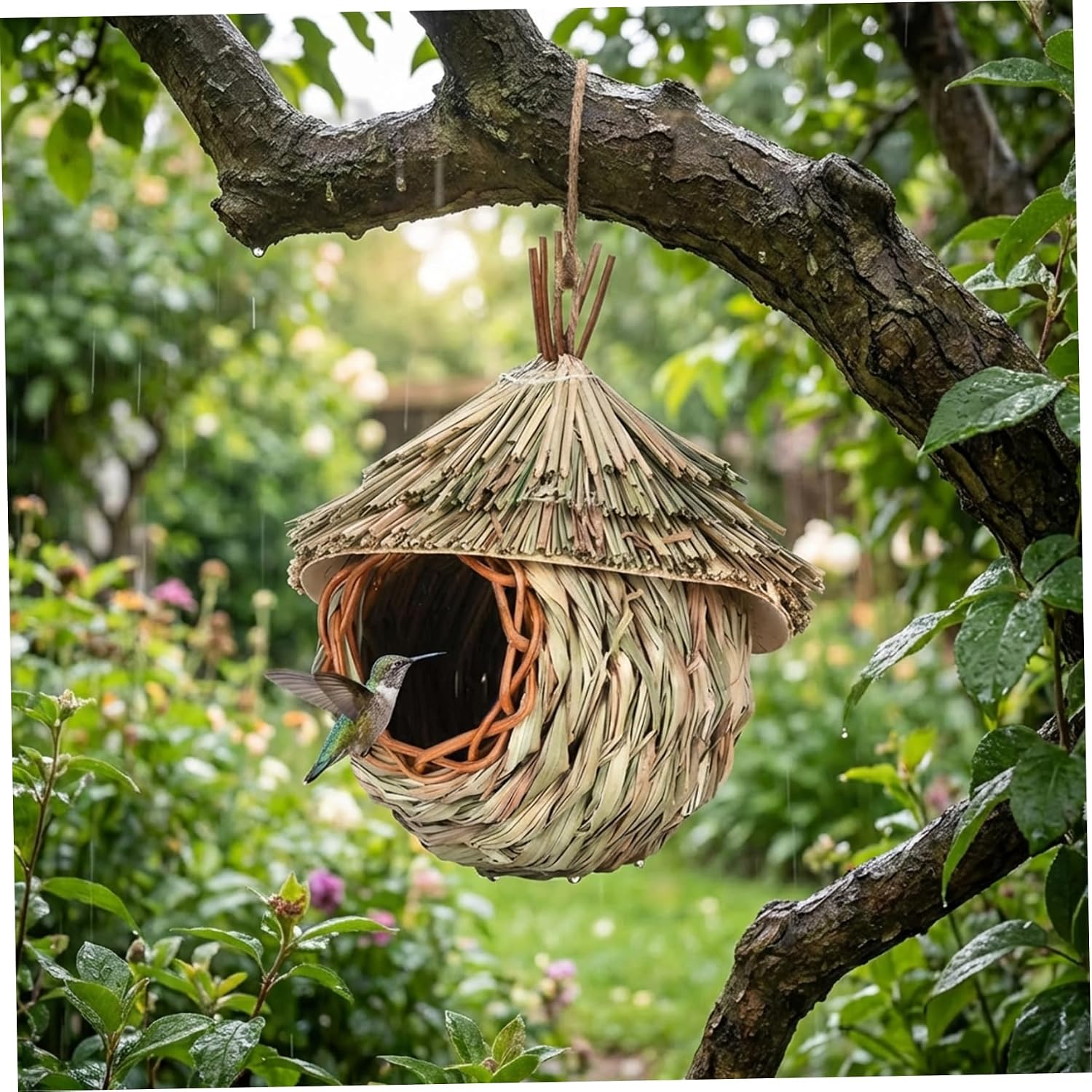 Hummingbird Houses for Outside, 2 Pack Natural Hand-Woven Hanging Bird House with Rustic Charm for Garden Decor, Finch Nest Shelter (5.9x7.5 Inch), Ornaments de Jardin