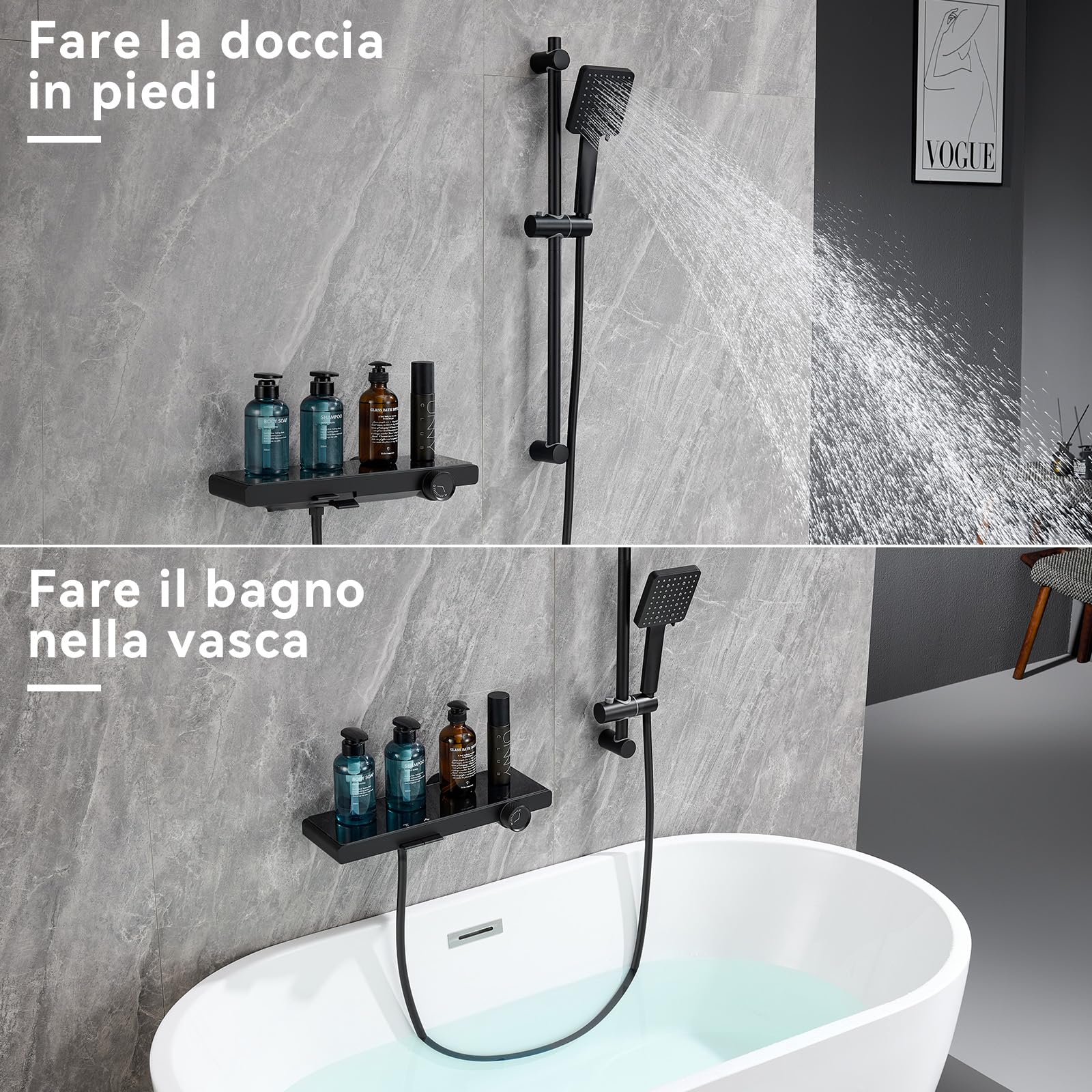 Auralum Colonna Doccia con Miscelatore può Essere Usata Come Mensola Doccia, Rubinetto Vasca da Bagno con 70cm Saliscendi Doccia e Soffione Doccia 6 Geti, Miscelatore Vasca da Bagno da Muro, Nero