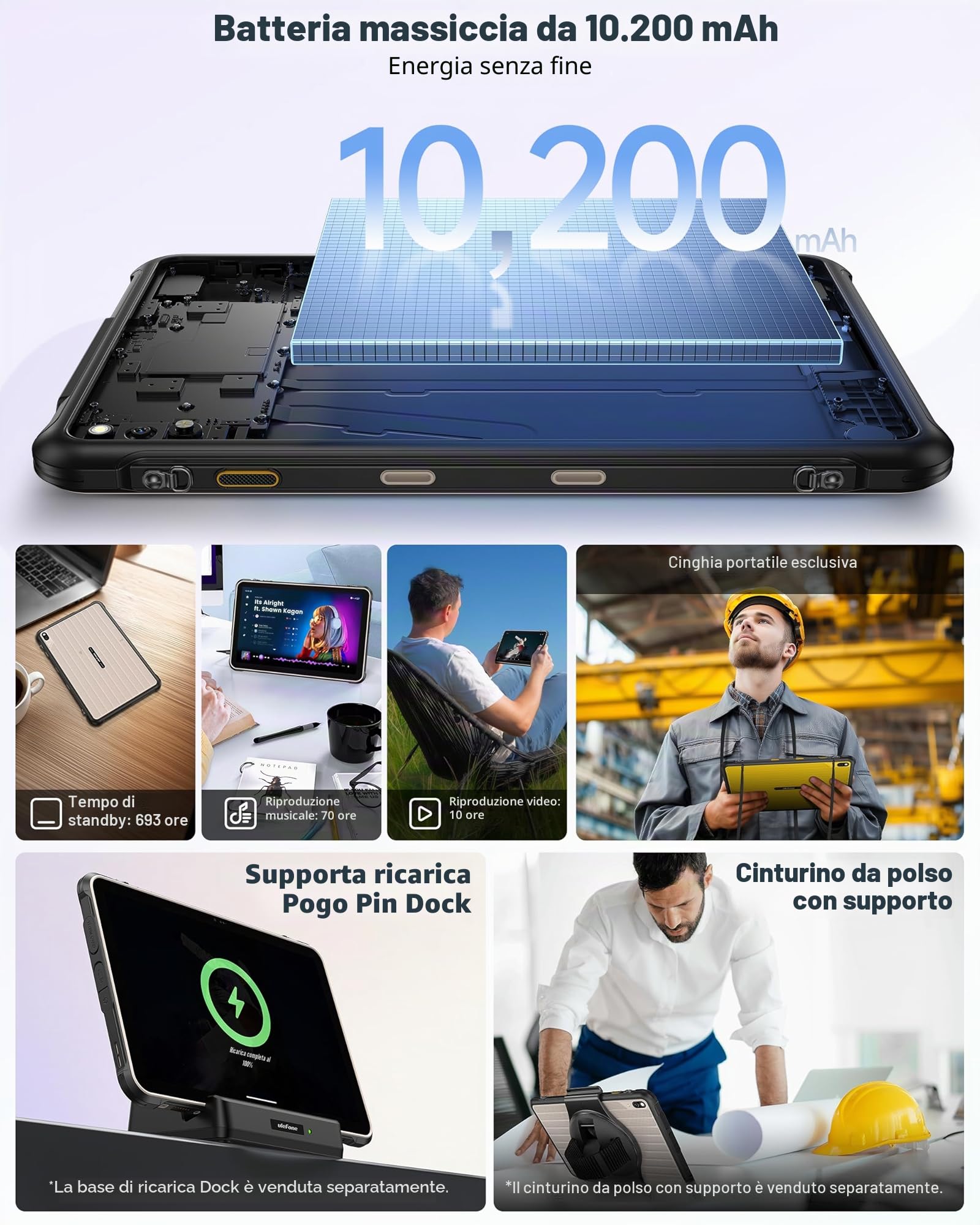 Ulefone RugKing Pad 2 Pro(2026) Tablet Rugged Android 16, 16GB+256GB, 10200mAh Tablet Indistruttibile 10,1" Pollici 90Hz, Dual 4G LTE + eSIM, IP68/IP69K, Fotocamera 48MP Tablet Robusto,NFC, GPS,Grigio