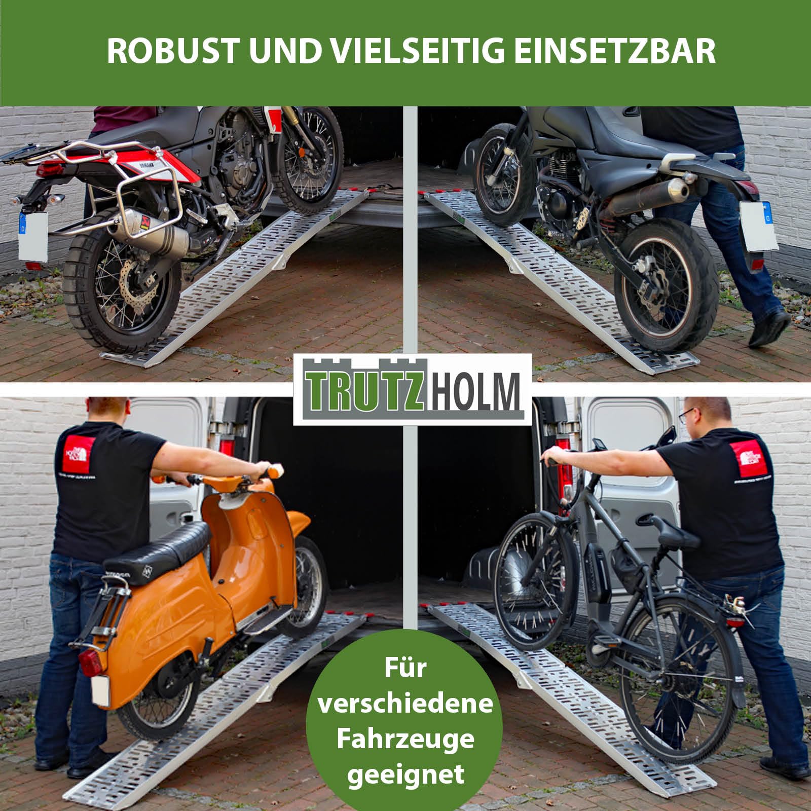 TRUTZHOLM Auffahrrampe klappbar 228 cm Tragkraft 340 kg Aluminium Rampe Faltbare Alu Verladerampe ATV Quad Motorradrampe Laderampe inkl. Spanngurt(1 x Rampe grau)
