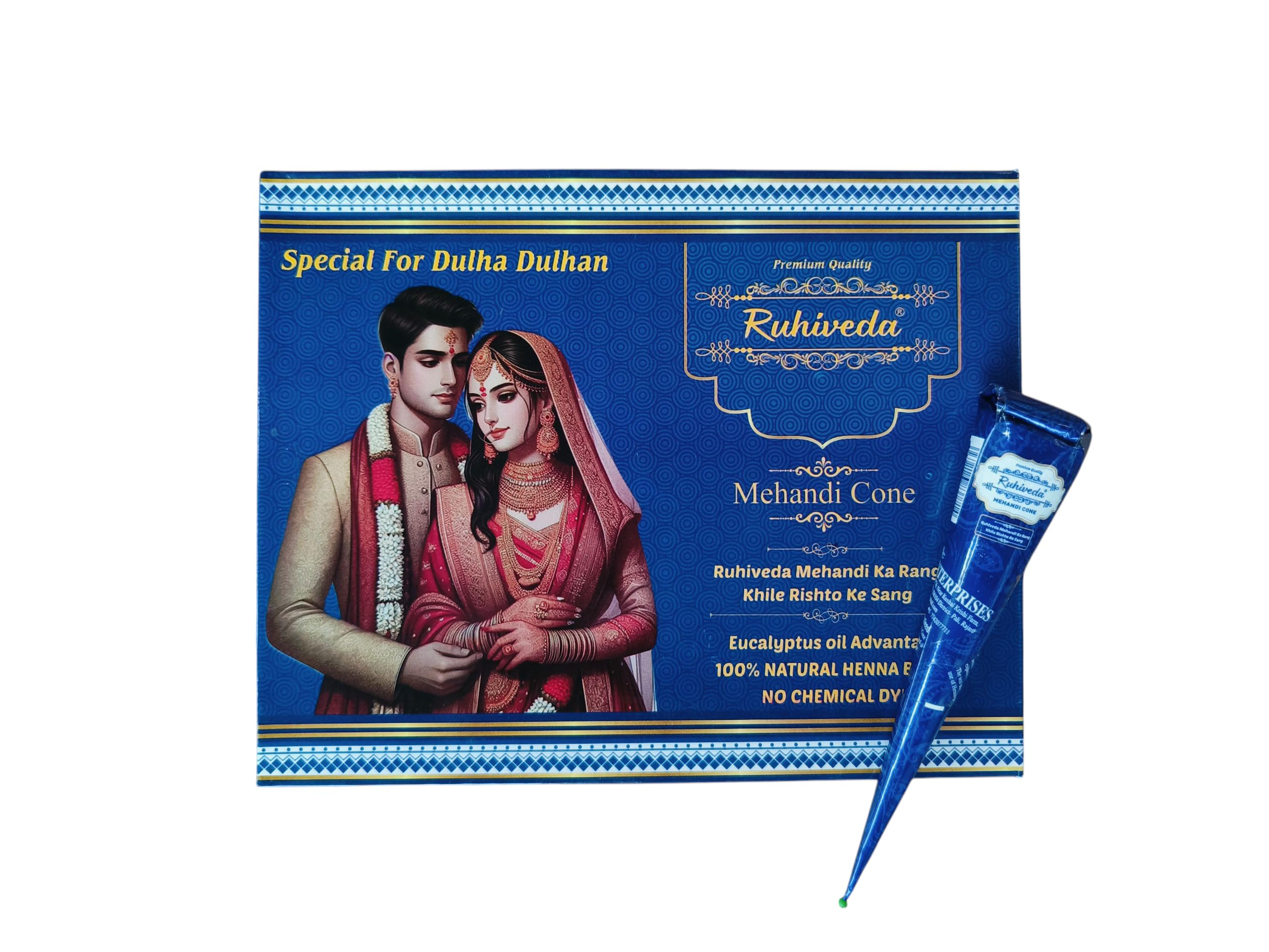 Ruhiveda Natural Henna Mehandi Cone for Bridal Occasions, Dulha Dulhan Cone, Traditional Design, Pack of 12, Blue-image-47