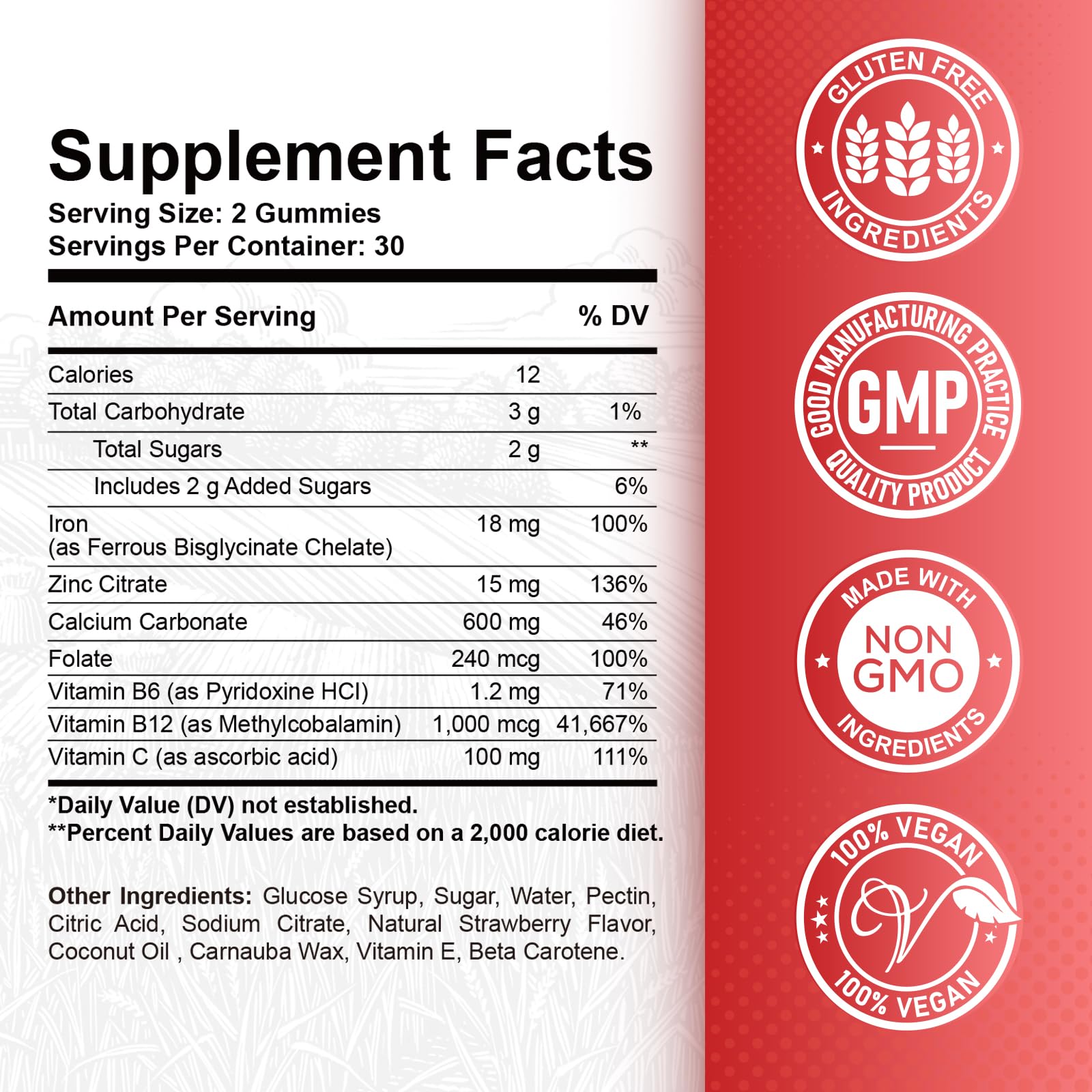 Iron Gummies - with Calcium, Zinc, Folate & Vitamin B12, C,B6 for Adults & Kids - Blood Builder & Energy Support for Iron Deficiency, Anemia, Vegan - 60 Gummies — Amazon image 5