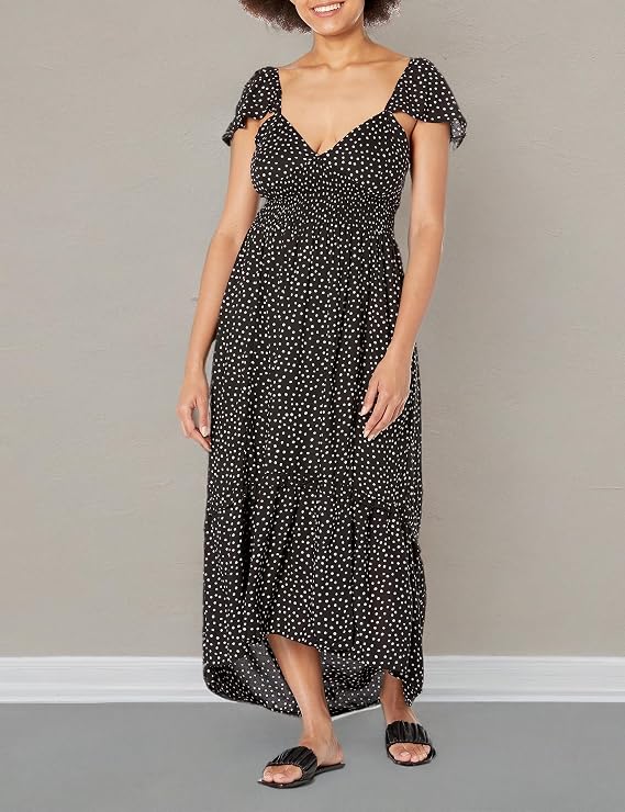 Angie Women's Angie Women's Flutter Sleeve Lace Up Back Hi-lo Maxi Dress with Slit