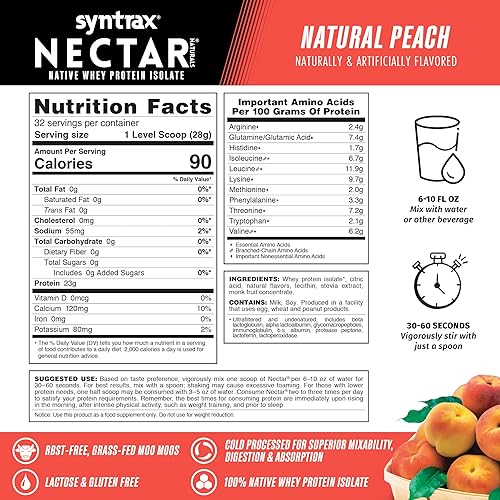 Miniatura 3 de Syntrax Nutrition Nectar Naturals, 100% proteína aislada de suero en polvo, melocotón natural, 2 libras