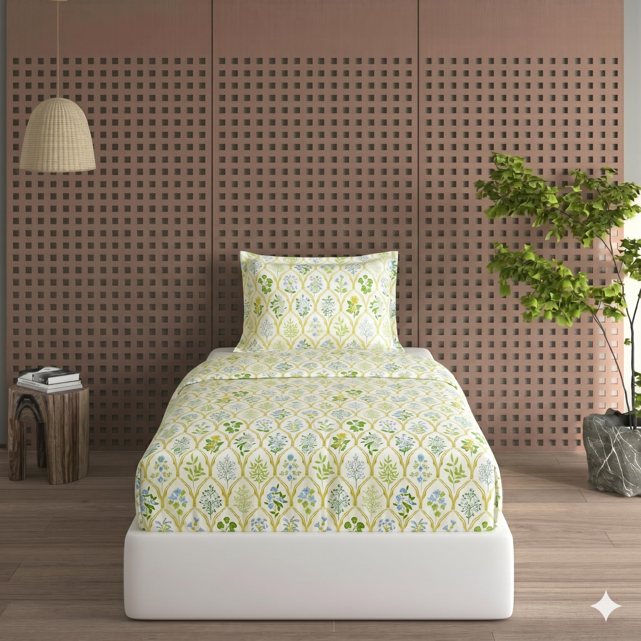 DECOMIZER Cotton Feel All Around Elastic Fitted Glace Printed Single Bed Bedsheet with 1 Large Pillow Cover Fits Upto Mattress of 6 Inches,Size - 42 x 75 x 8 Inches, Yellow Jaipuri