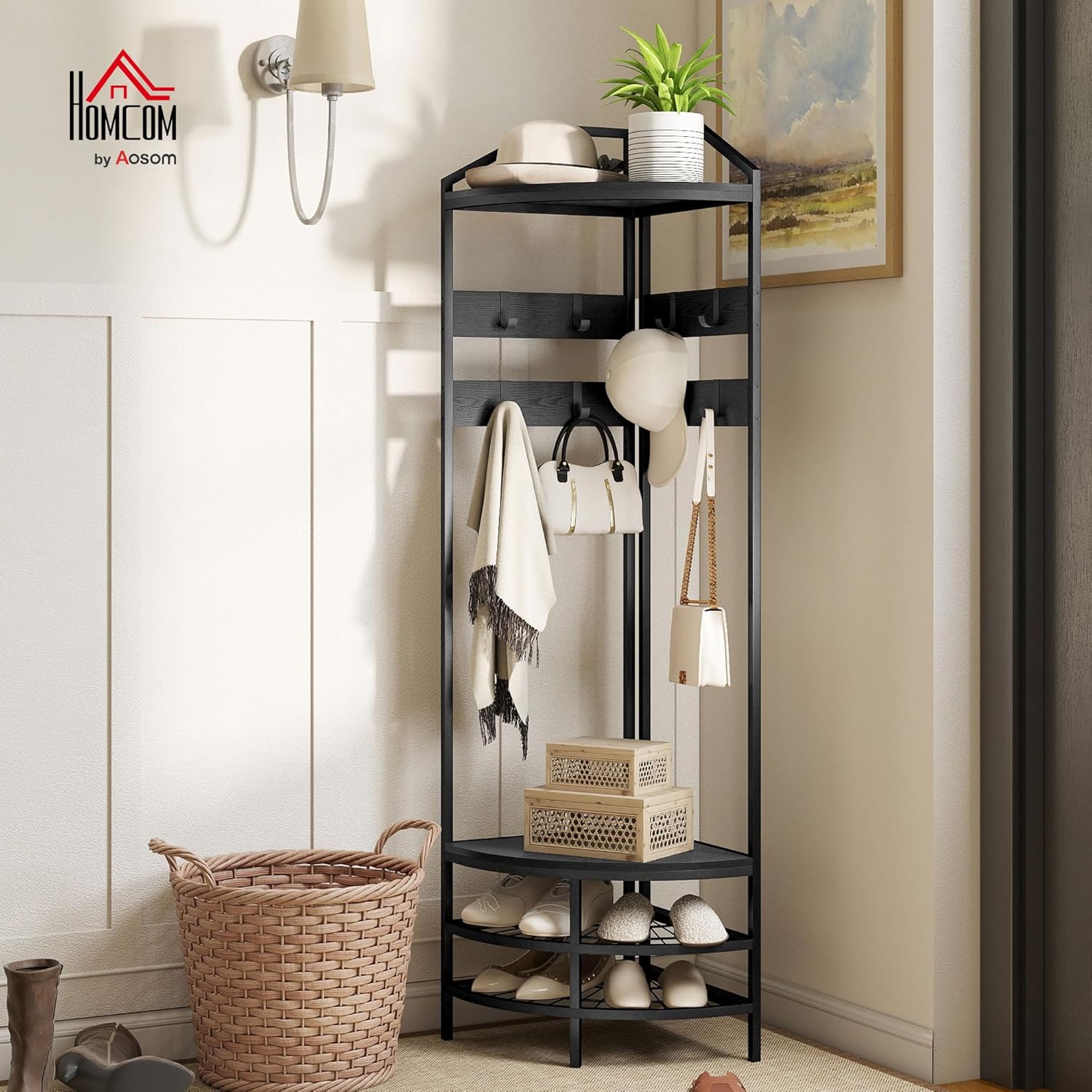 HOMCOM Corner Hall Tree, Industrial 4-Tier Coat Rack with Shoe Storage, 8 Movable Hooks and 2 Storage Shelves, Freestanding Entryway Coat Rack with Steel Frame for Hallway, Black
