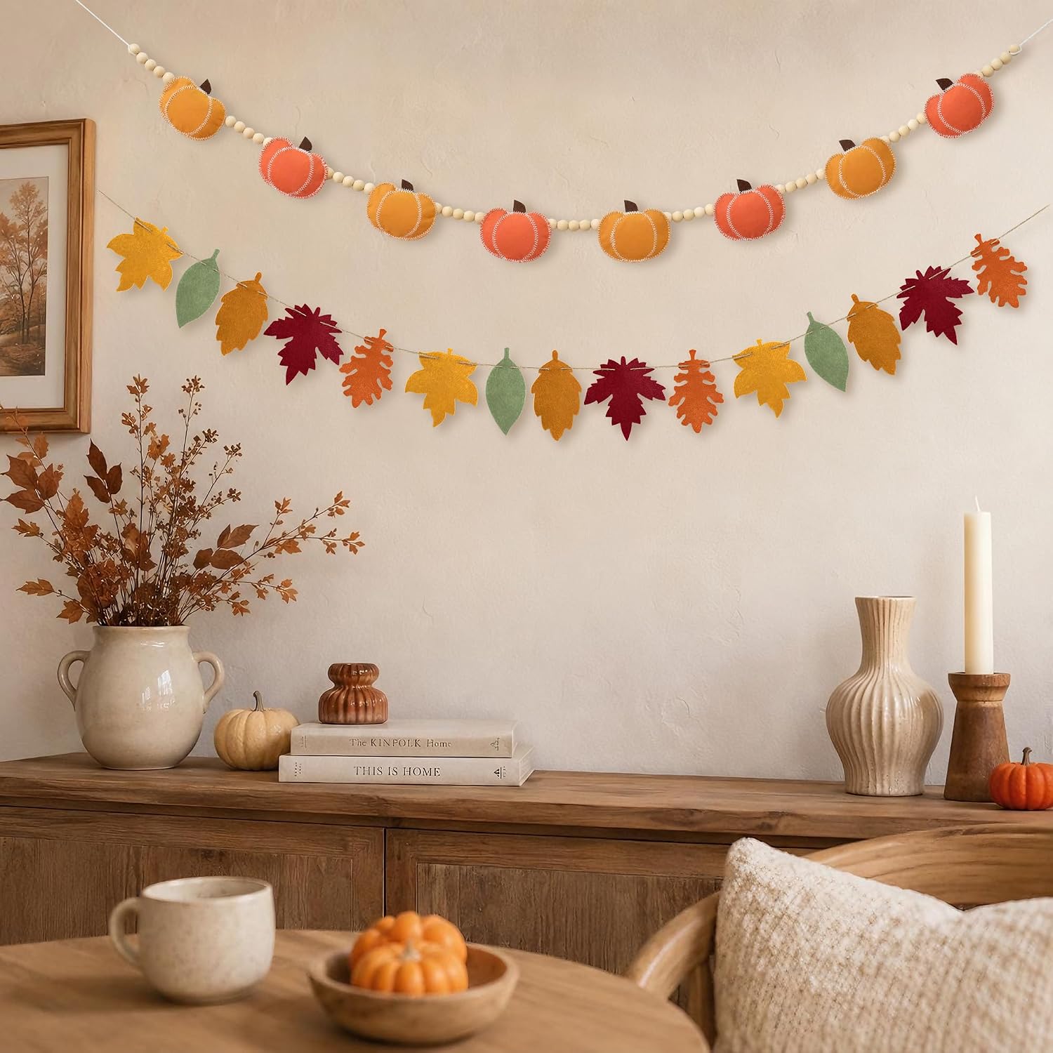 JUIIZAY Pumpkin Garland Fall Decorations for Home Felt Pumpkin Decor