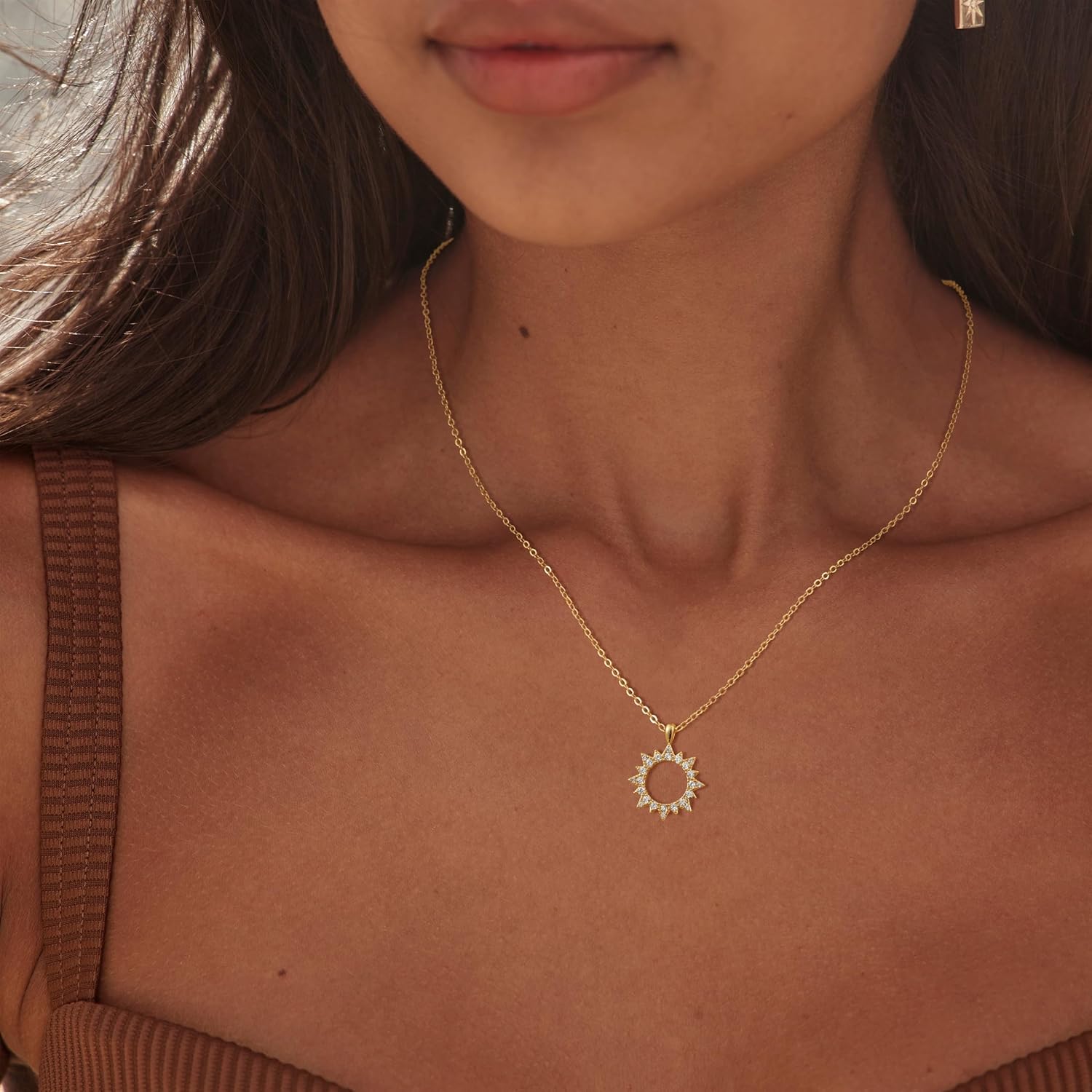 Gold Pendant Necklace for Women 14K Gold Plated Sun Necklace Dainty Trendy Necklace Cute Simple Minimalist Necklace Cubic Zirconia Necklace Sunset Necklace Jewelry for Women - Image 2