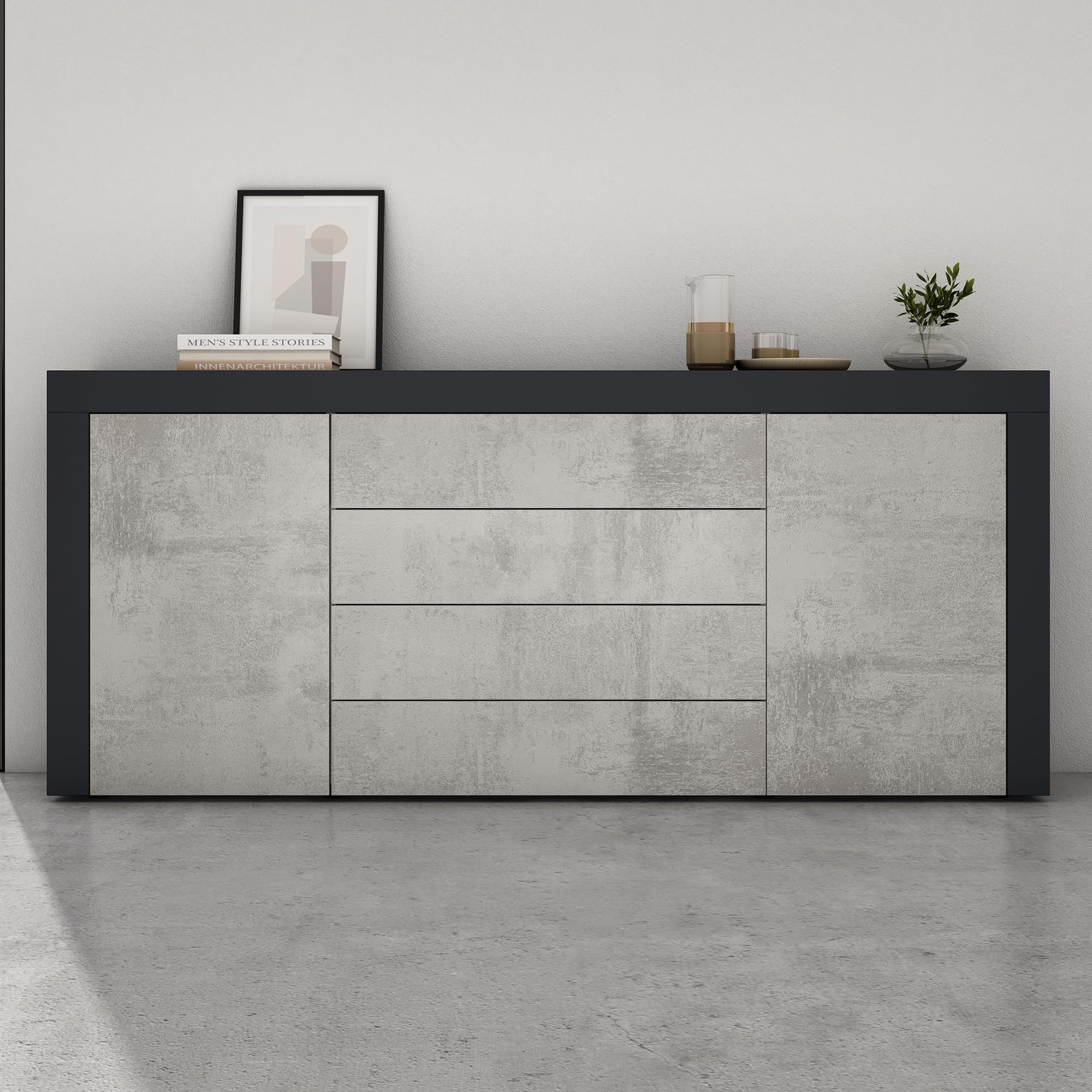 Mai & Mai Meuble de Rangement Buffet Commode Gris Noir Mat + Béton 167cm | Casier de Rangement, 2 Portes et 4 Tiroirs, Séparateur Réglable, Placard Salon Salle à Manger, 167x36x70cm, SR03