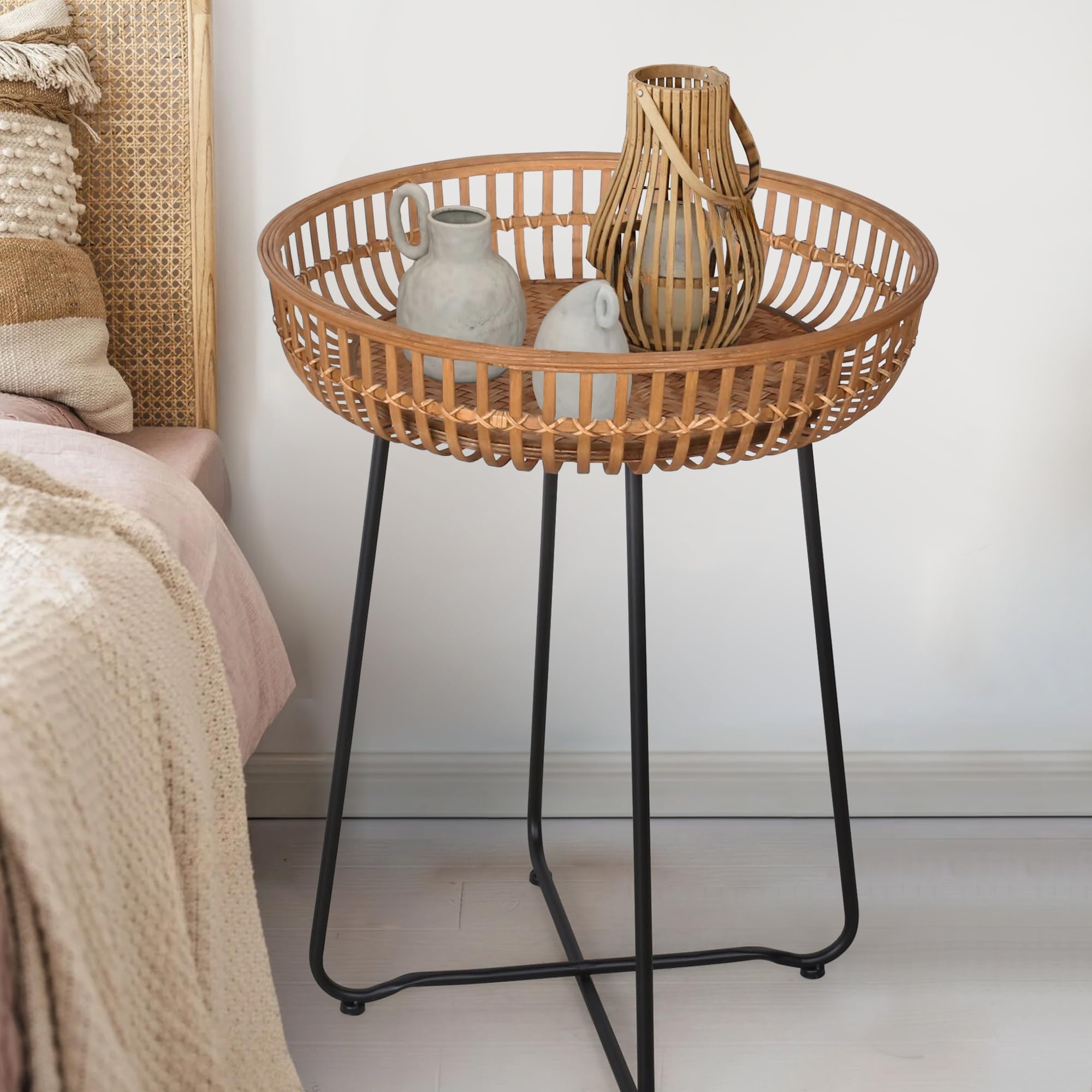 Oakrain Kleiner Beistelltisch, Boho-Couchtisch, Bambus & Rattan, Trinktisch  mit Boho-Stil, fr Balkon, Wohnzimmer, Schlafzimmer (52 cm, 1 Stck) :  Amazon.de: Kche, Haushalt & Wohnen
