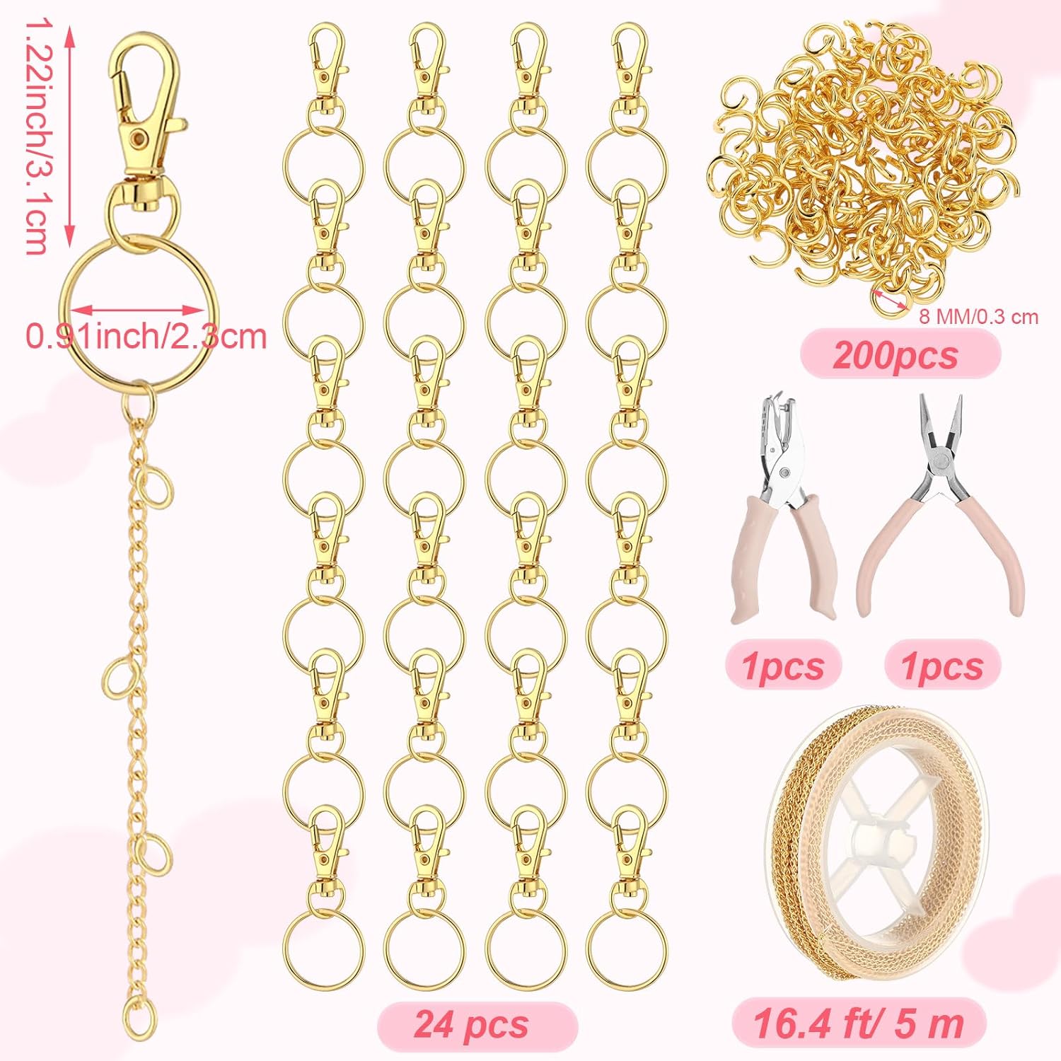 VioraWhite 227 Pcs Lip Gloss Keychain Making Kit Bulk 24 Keychain Clips with Lobster Claw Clasps 200 Jump Ring Chain Plier Hole Puncher for Valentine's Day DIY Lip Gloss Crafts Supplies(Gold) - Image 2