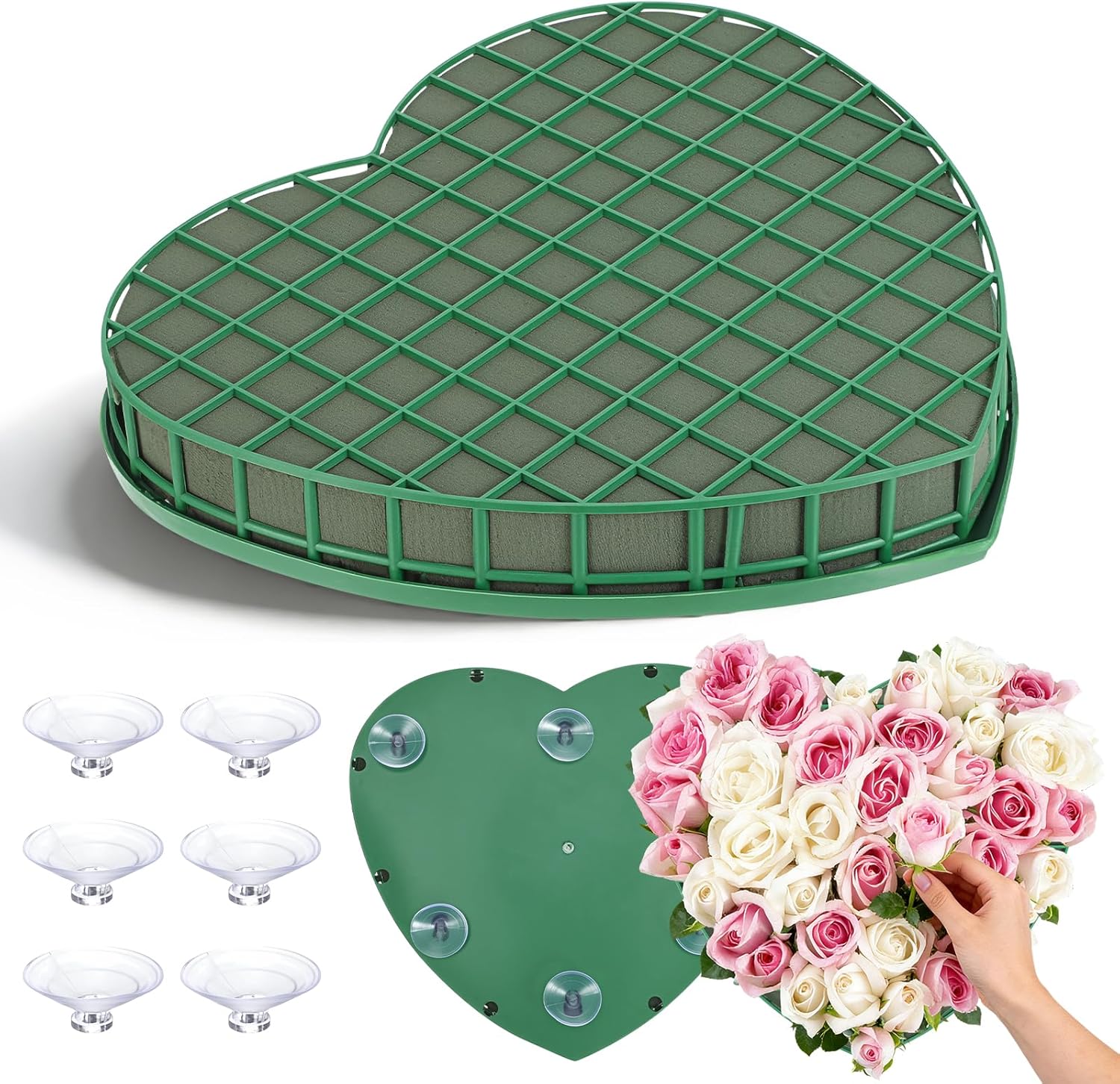 STOBOK Floral Foam Hearts, Heart Shaped Floral Foam Cage with 5 Suction Cups Base for Fresh or Artificial Flowers, Wedding Valentine Centerpieces, DIY Car Decor (Green, 12.2 x 11.4 in)