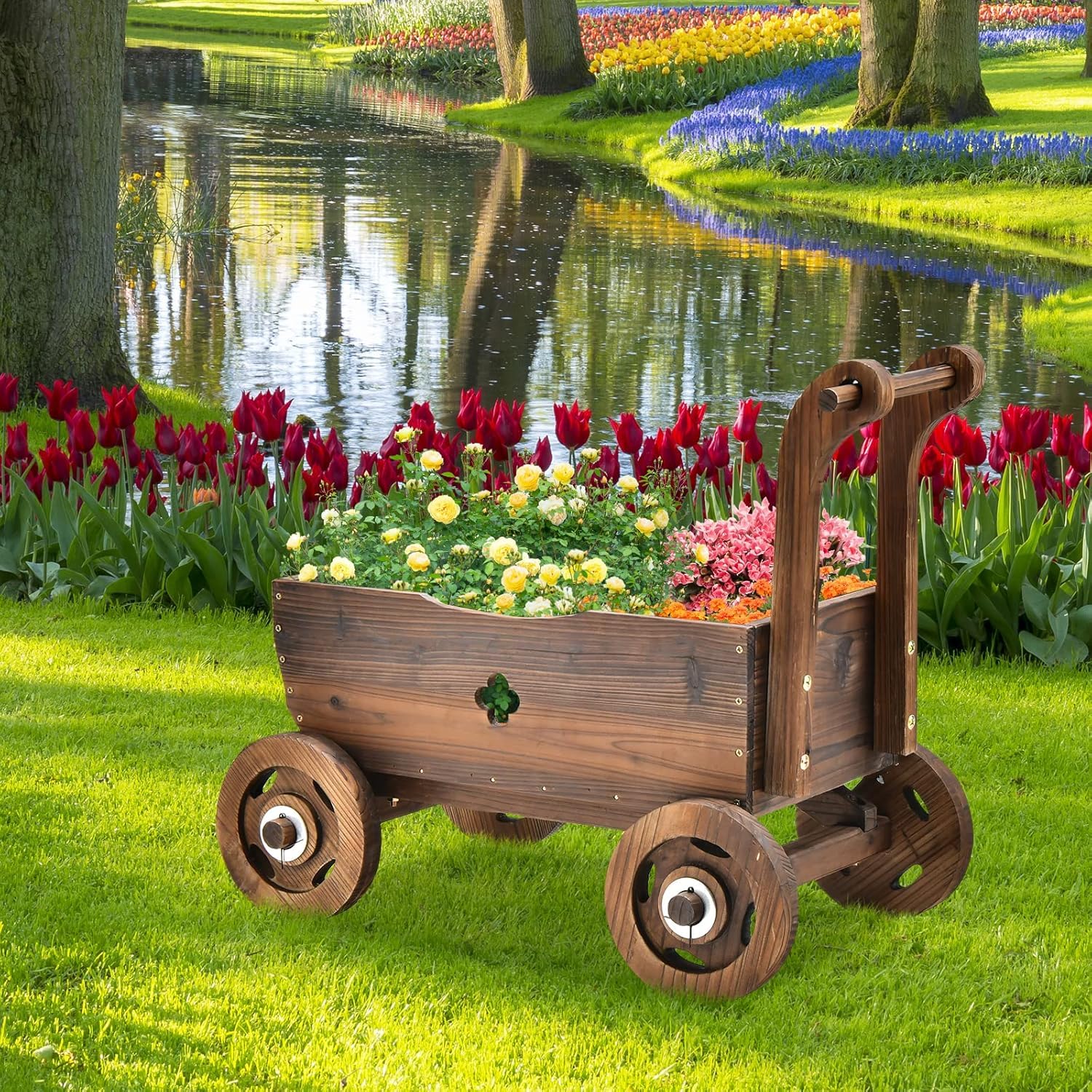 FANTASK Carro de Flores de Madera con Ruedas y asa, Carro de Plantas con Orificio de Drenaje, Carretilla rústica para jardín, terraza, Maceta, Carretilla, decoración de jardín, Jardinera