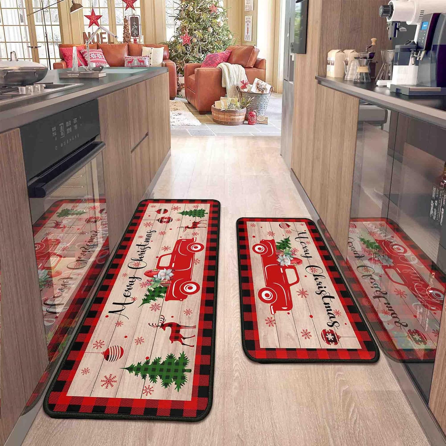 2 Pcs Christmas Kitchen Rugs and Mats for Floor Non-Slip Backing Mat Merry Christmas Kitchen Decor Anti Fatigue Kitchen Rug Sets with Runner Xmas Decor (Christmas 05, 17"x47.2"+17"x30")