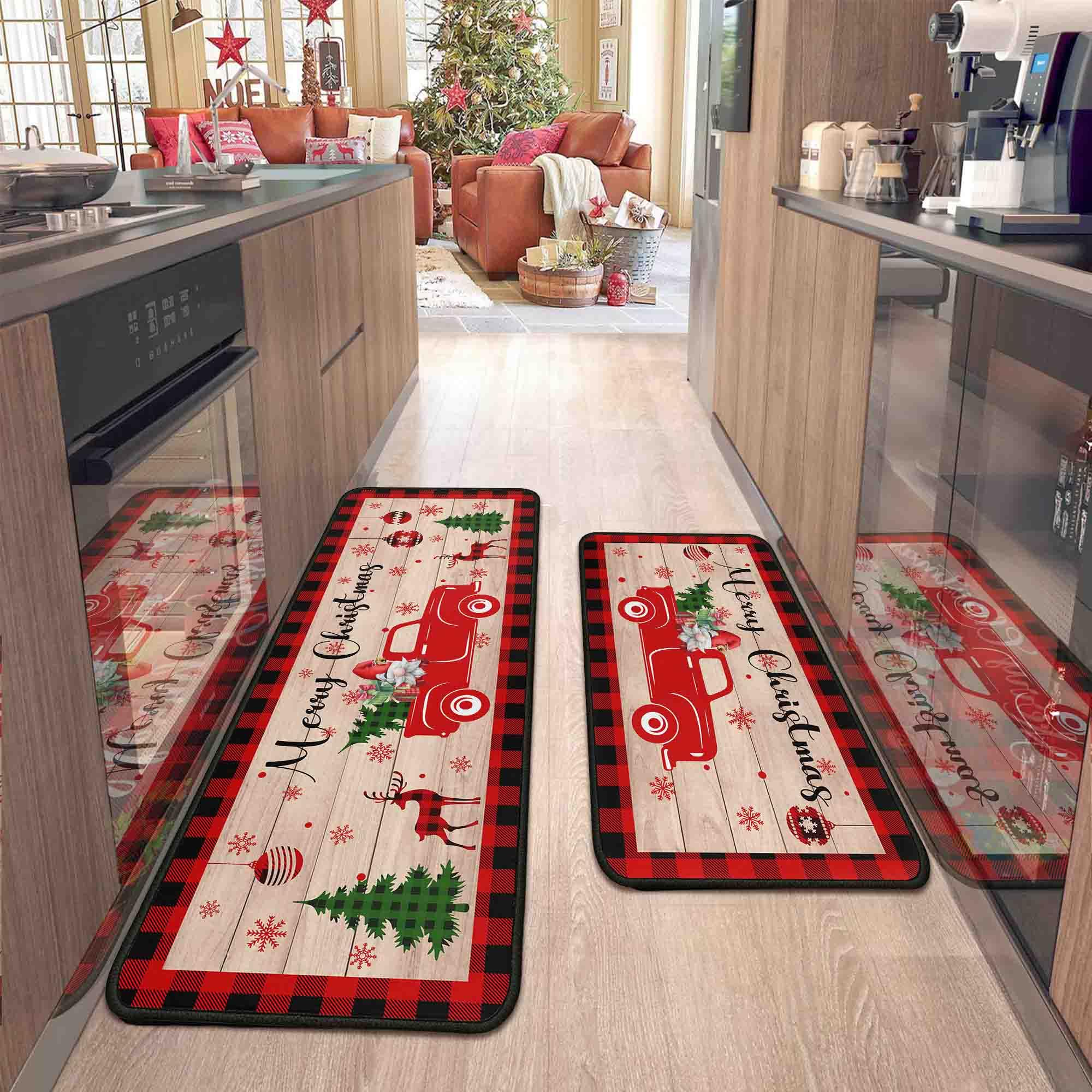 flippana 2 Pcs Christmas Kitchen Rugs and Mats for Floor Non-Slip Backing Mat Merry Christmas Kitchen Decor Anti Fatigue Kitchen Rug Sets with Runner
